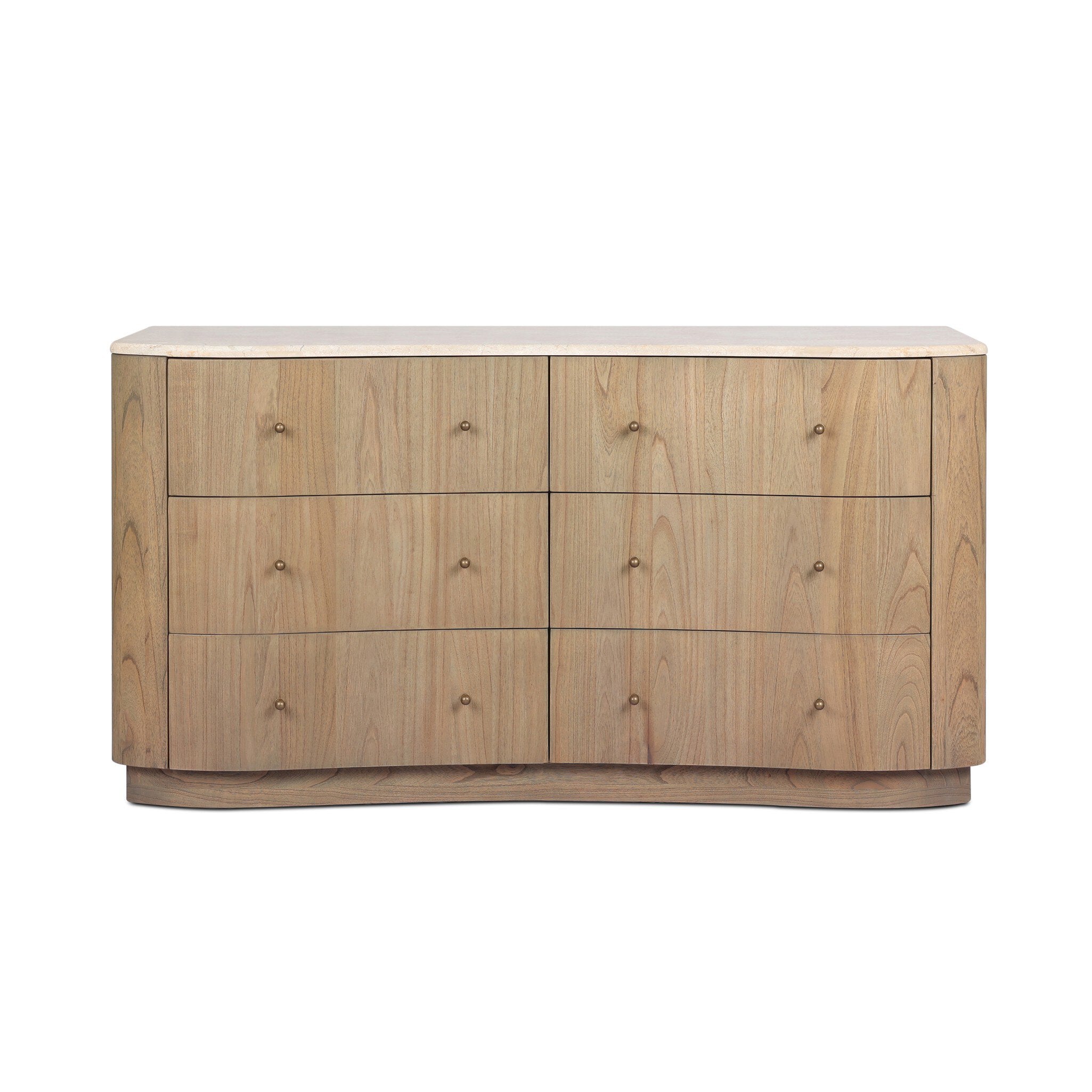 Wooden dresser with six drawers and topped with cream-white marble on a white background. | S.W. Home