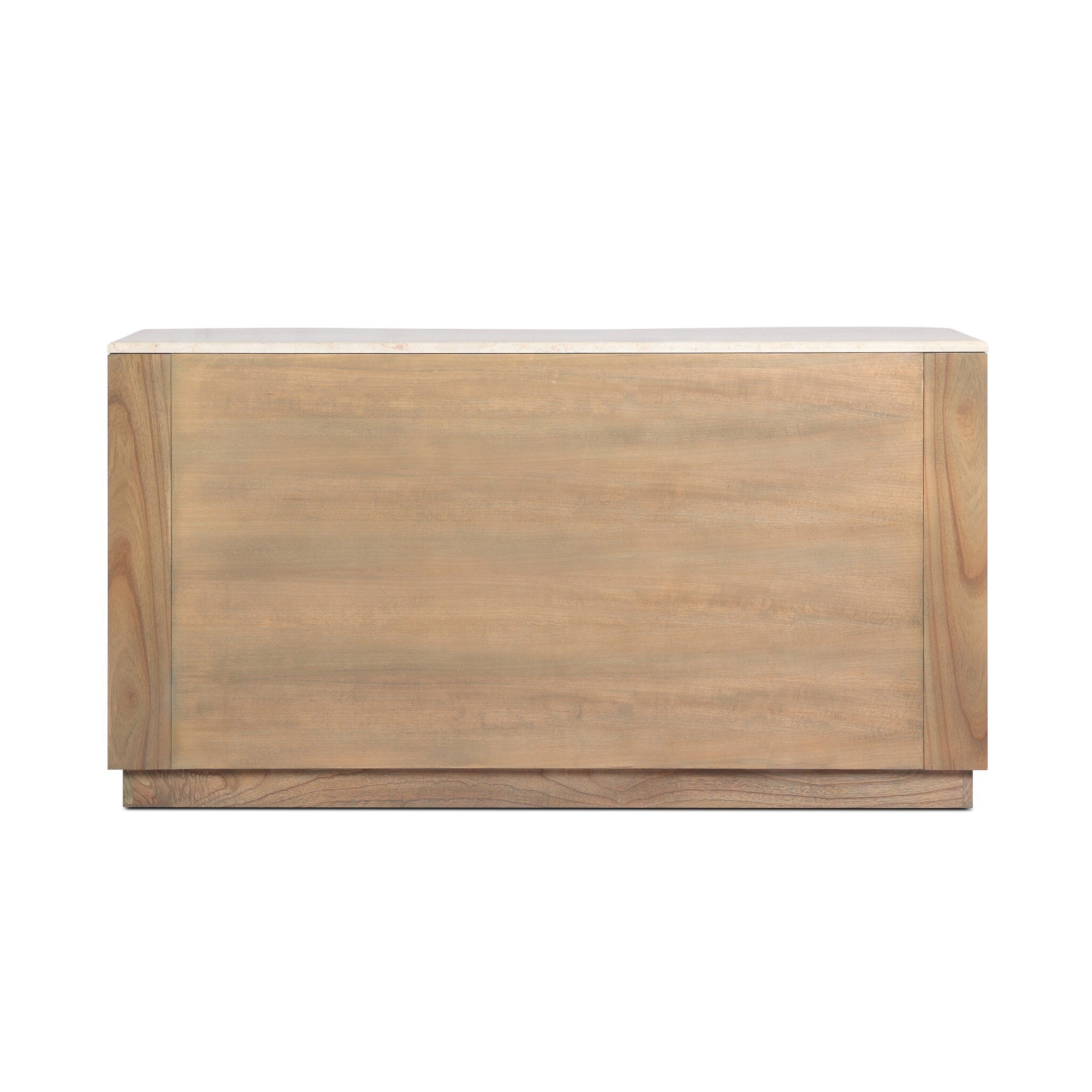 The back of a wooden dresser with six drawers and topped with cream-white marble on a white background.