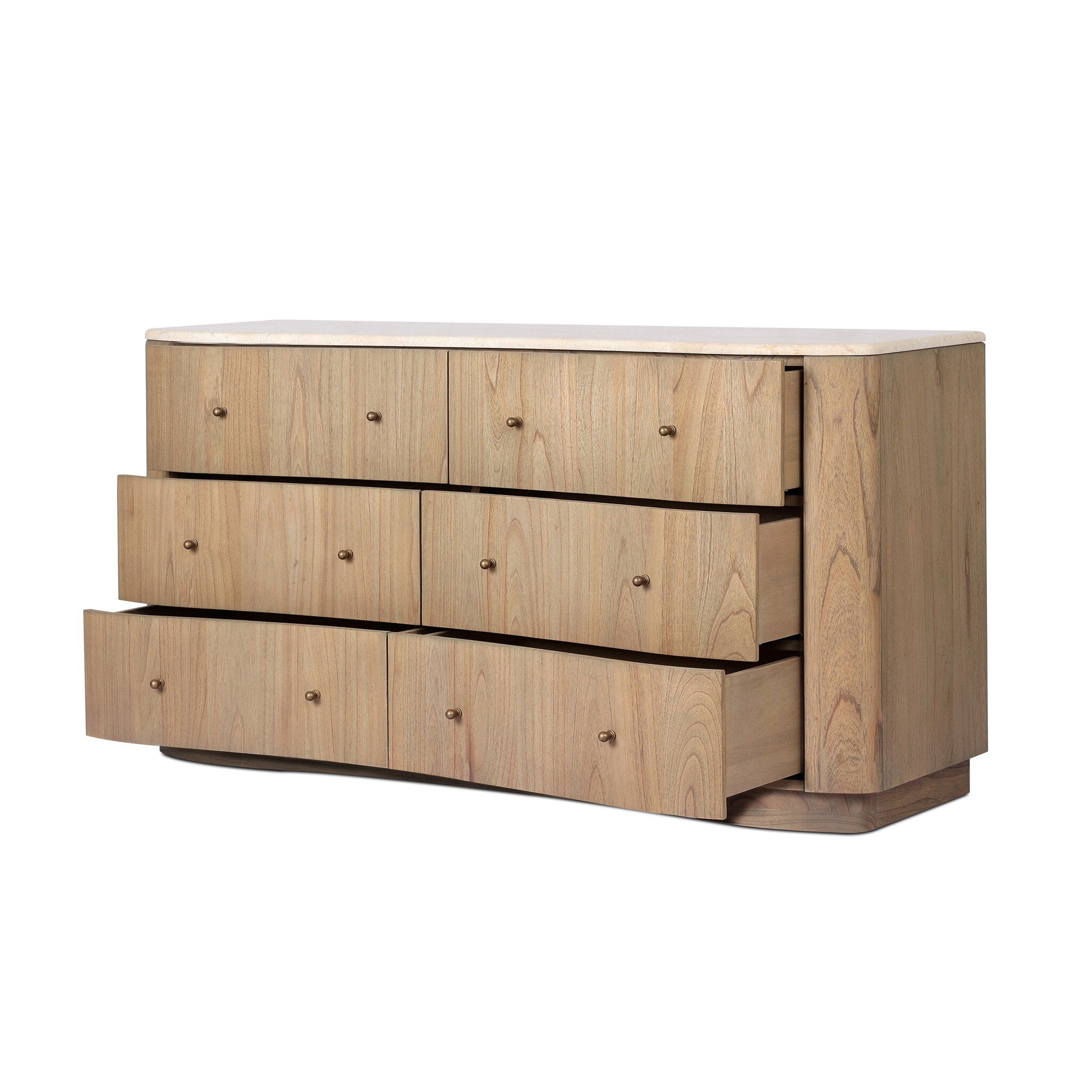 The back of a wooden dresser with six drawers and topped with cream-white marble on a white background.