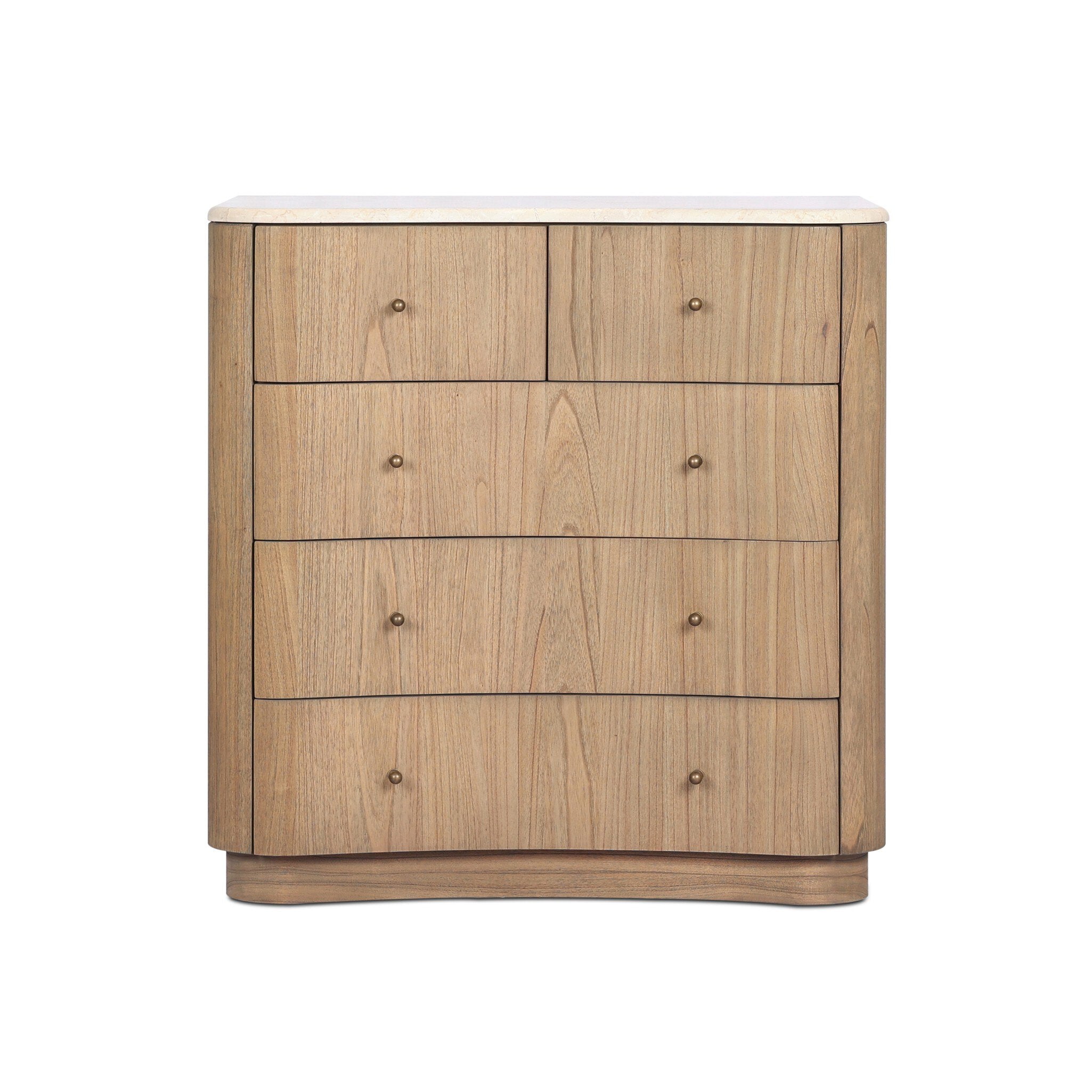 Wooden dresser with multiple drawers and a cream-white marble top on a white background. | S.W. Home