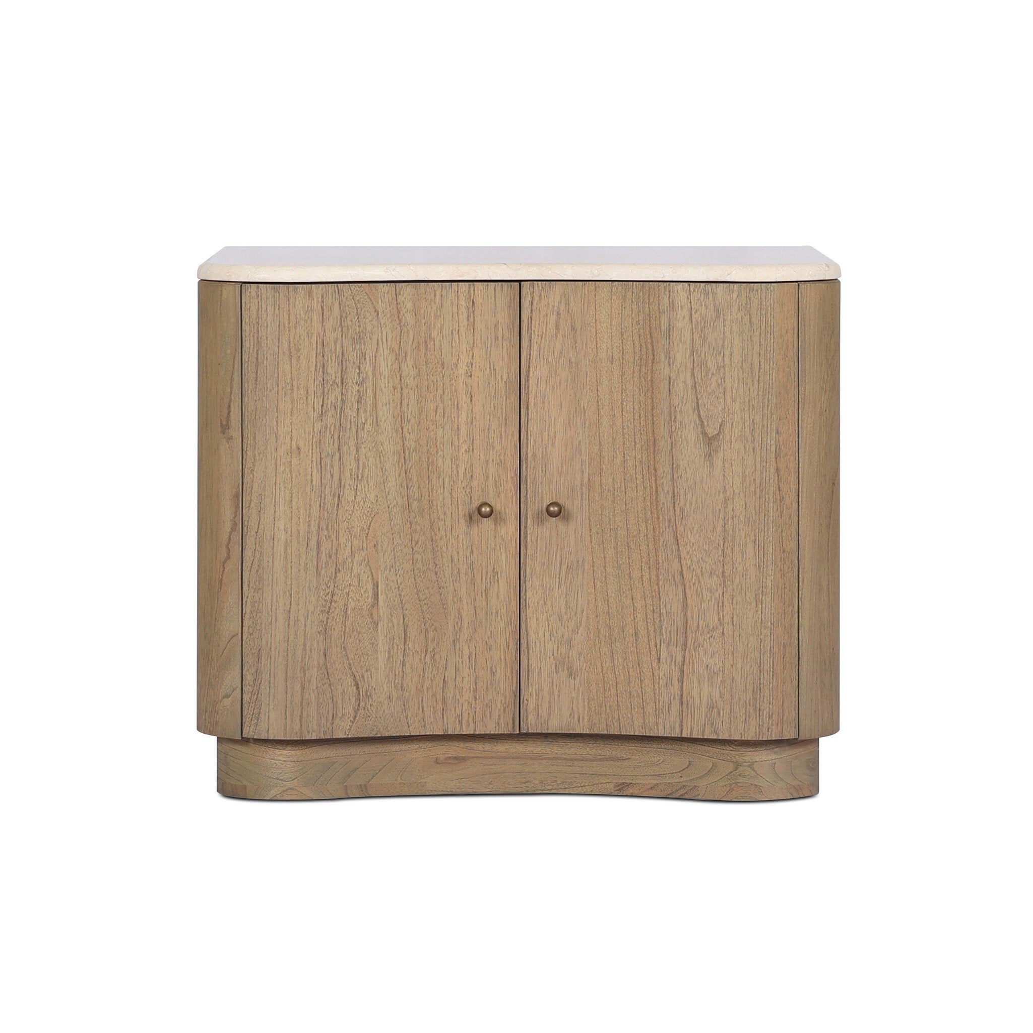 Wooden nightstand with two doors and a marble top on a white background. | S.W. Home
