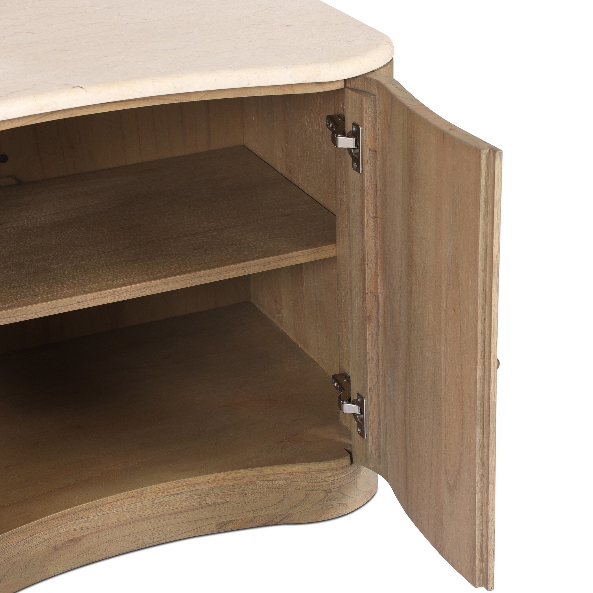Close up of a wooden nightstand with two doors and a marble top on a white background.