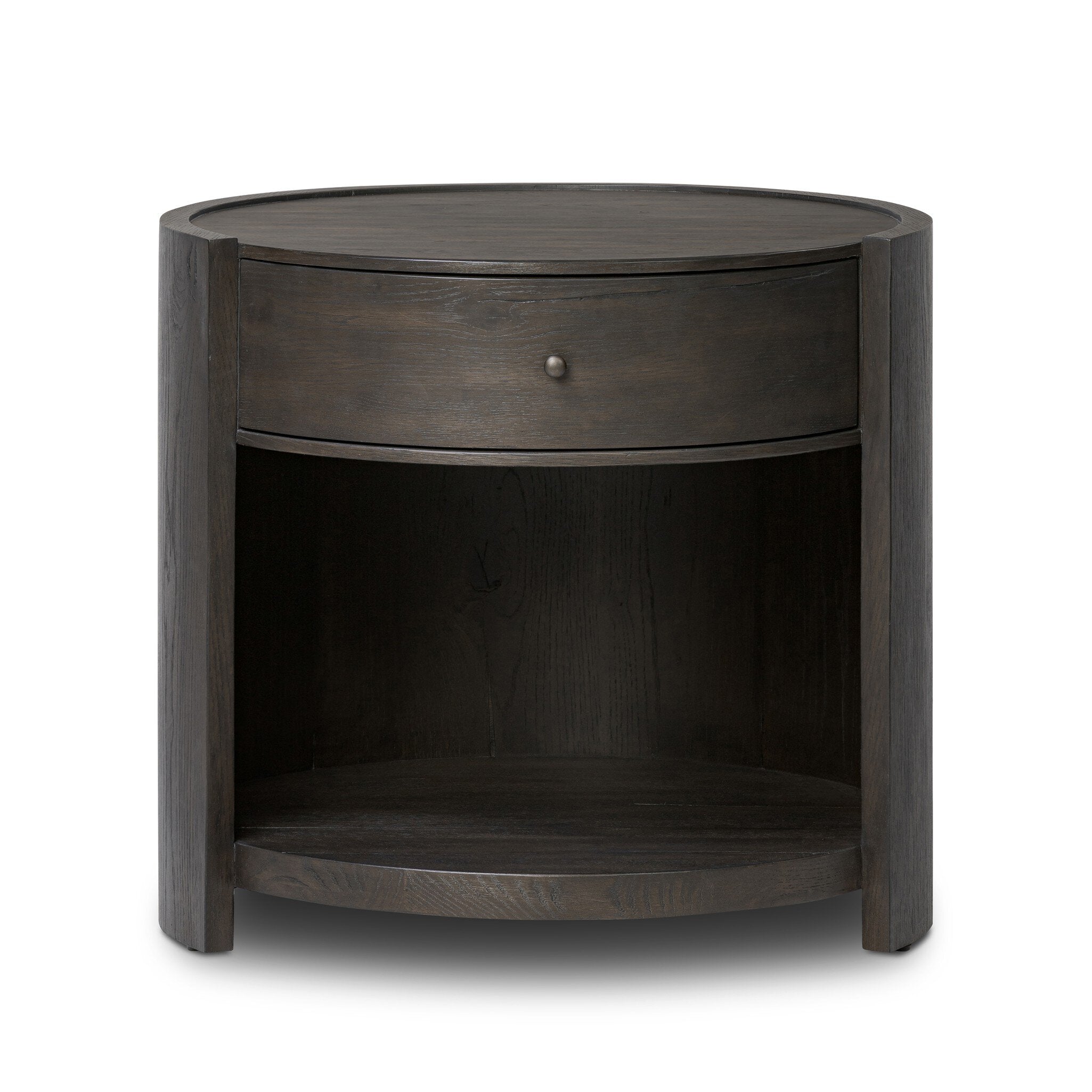 Round dark wooden nightstand with a drawer and a cubby on a white background. | S.W. Home