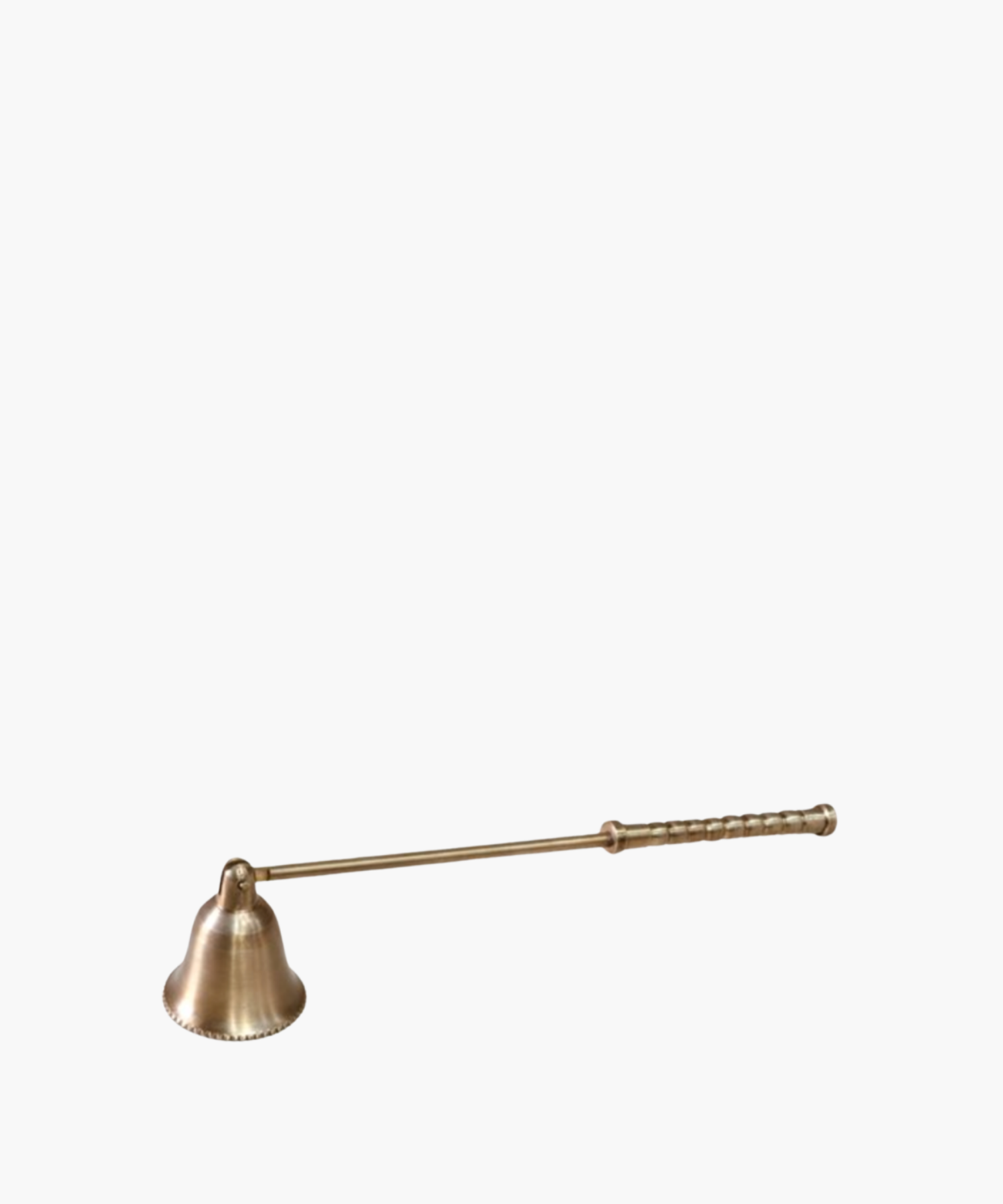 A brass candle snuffer with a long, ribbed handle and a bell-shaped end. The metallic finish gives it a vintage, elegant appearance. Set against a plain background. | SW Home