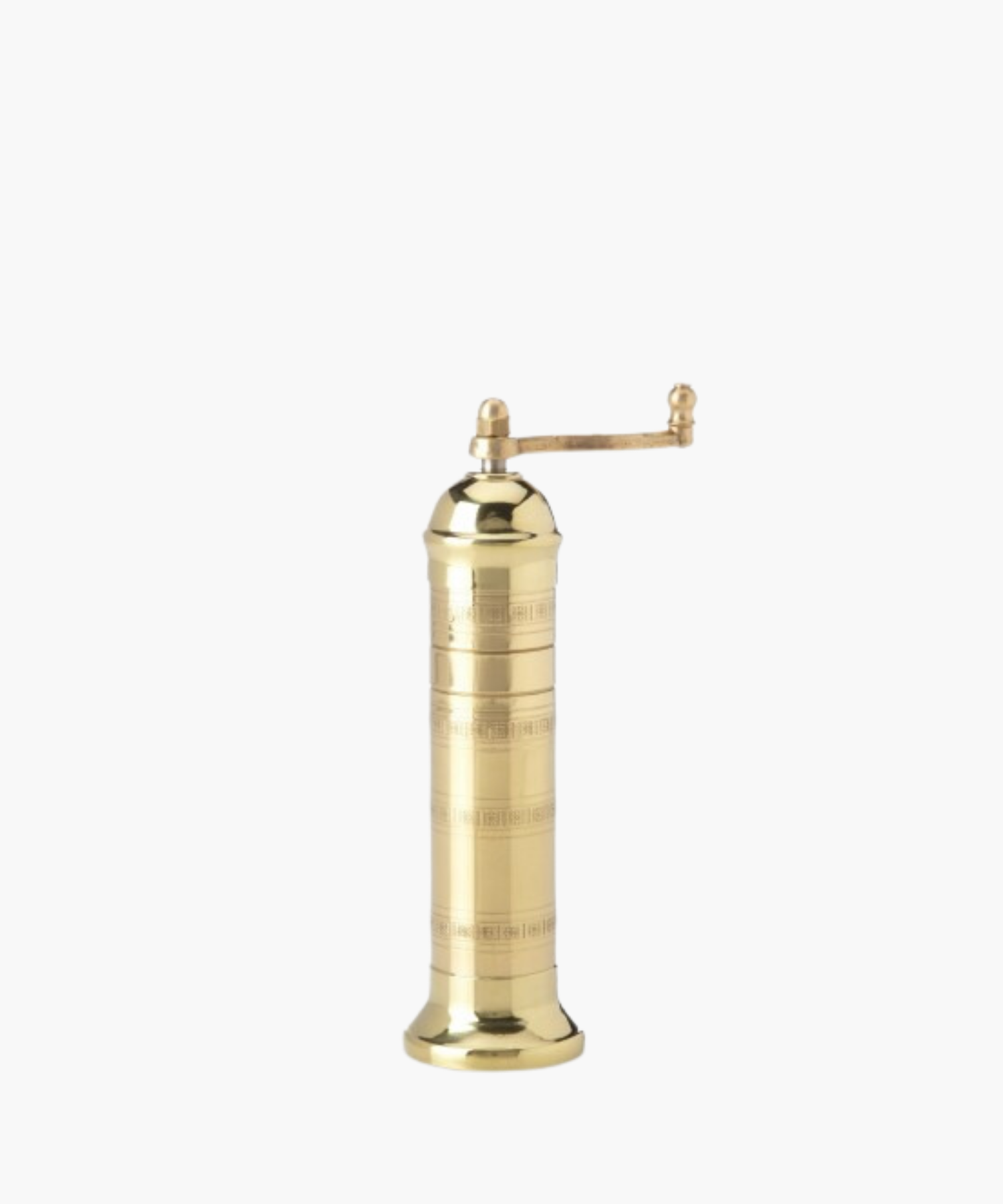 A brass pepper mill with a sleek, cylindrical design and an ornate handle on top. The polished surface gives a shiny, elegant, and vintage feel. | S.W. Home