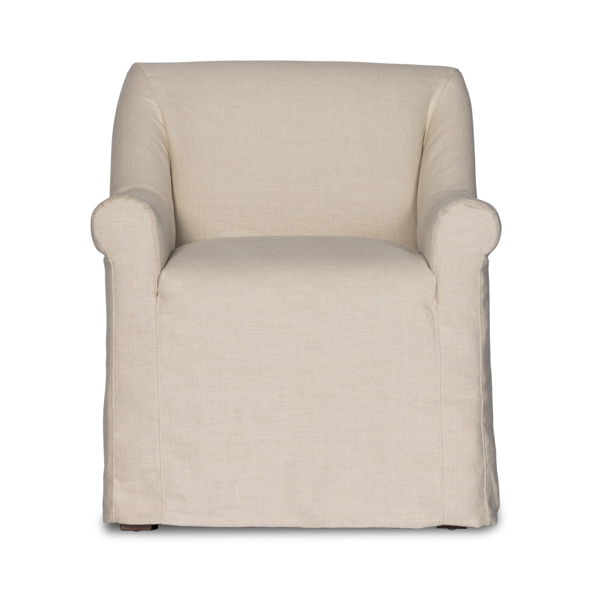 Natural slipcovered dining armchair with rolled arms on a white.background. | S.W. Home