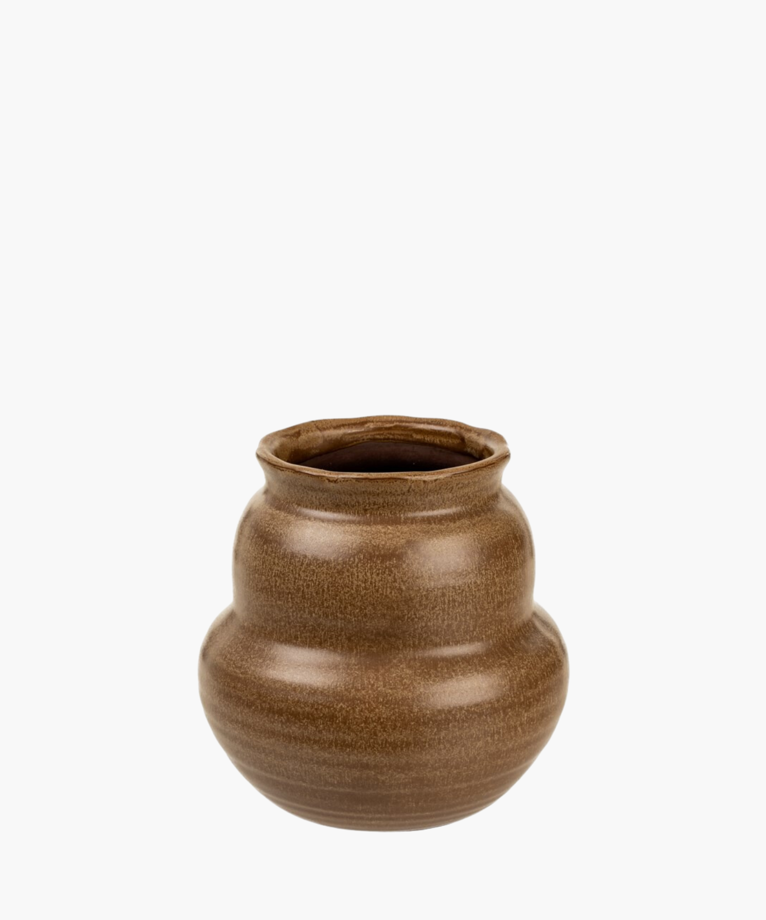 A brown, rounded ceramic vase with a slightly uneven rim and smooth, glossy texture. The earthy tone and simple design suggest a rustic charm. | S.W. Home