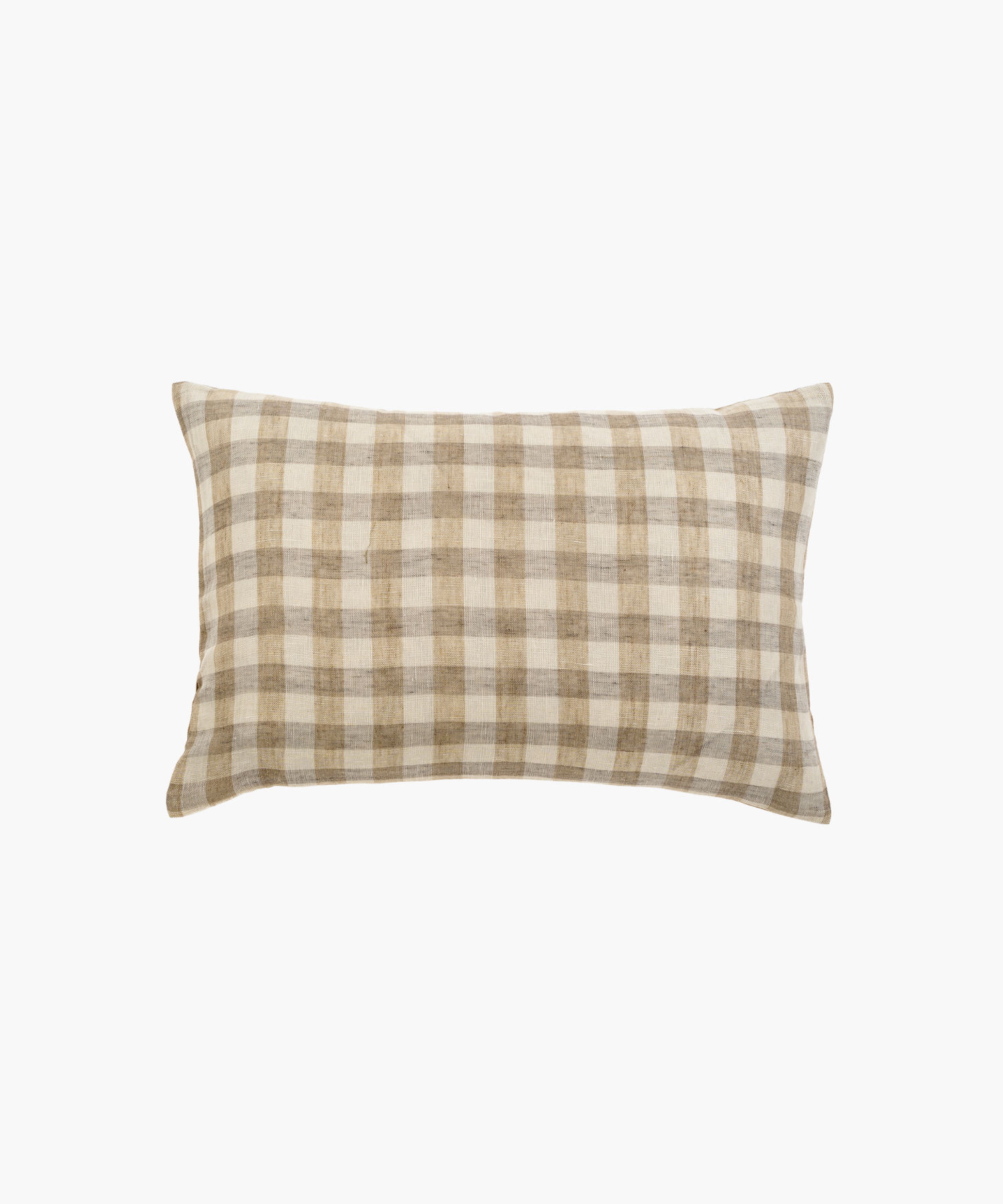 A rectangular pillow with a beige and brown checkered pattern. The design is simple and rustic, conveying a cozy and inviting atmosphere. | Wildwood Home Co.

