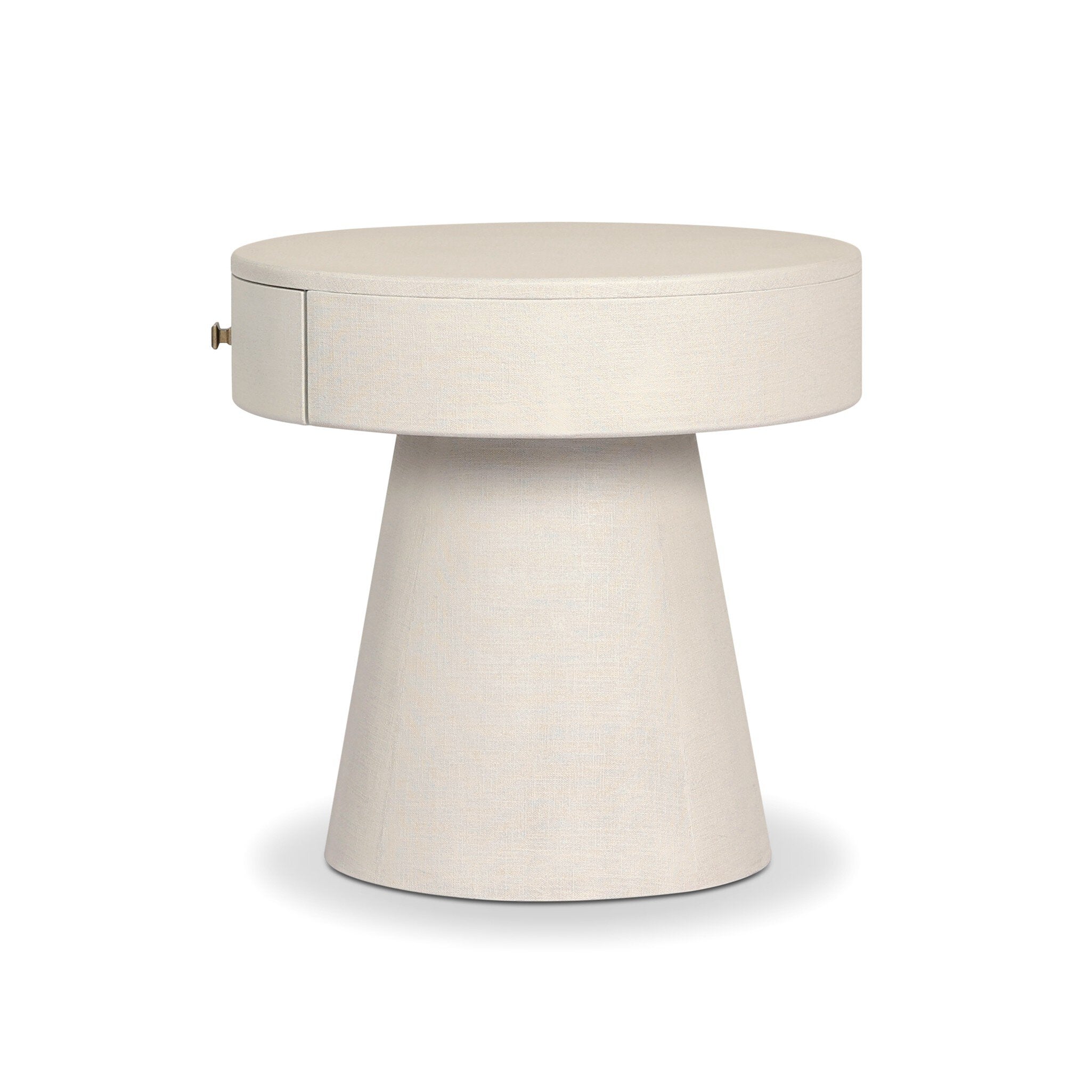 Side profile of a rounded nightstand with a single drawer and tapered pedestal base on a white background. 