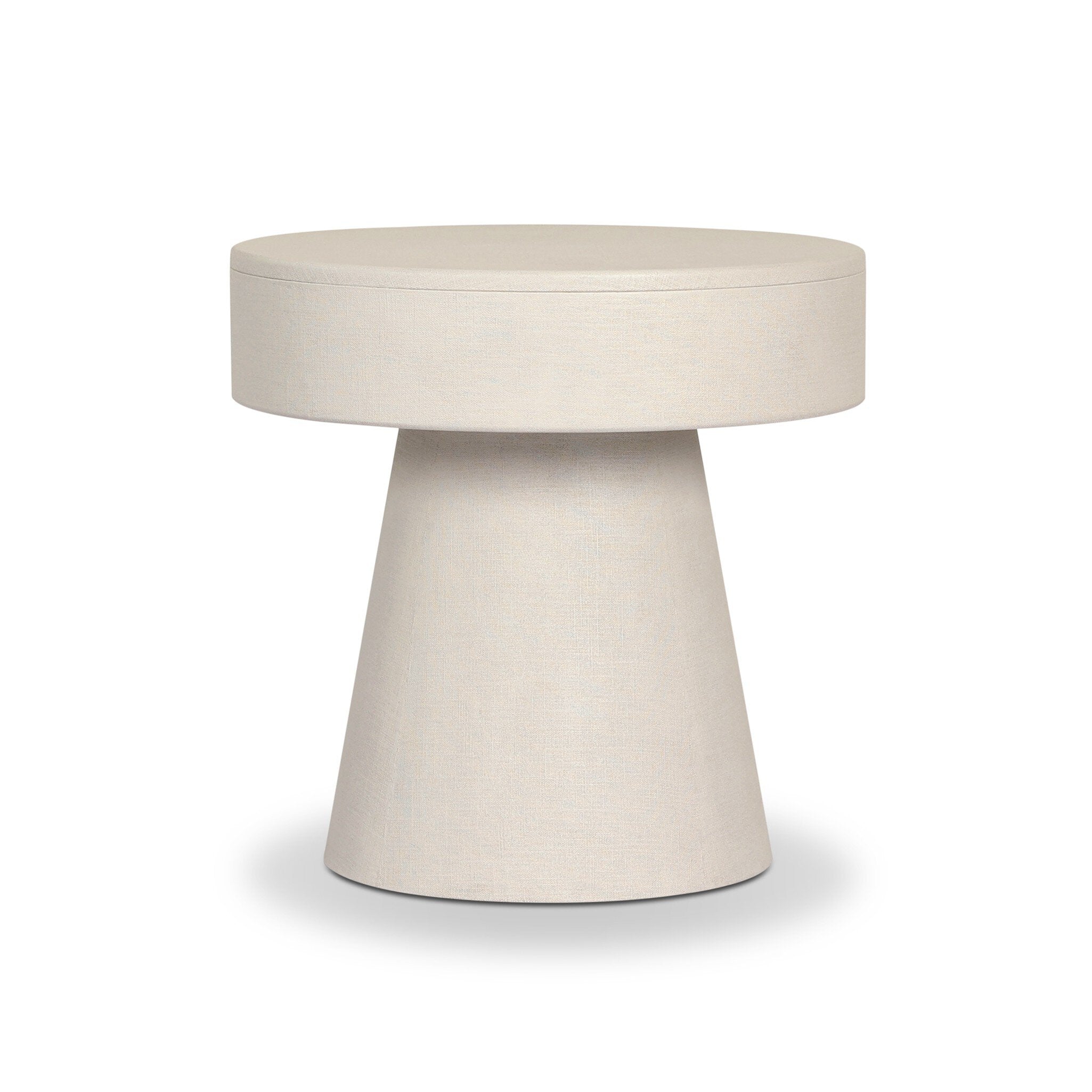 The back of a rounded nightstand with a single drawer and tapered pedestal base on a white background. 