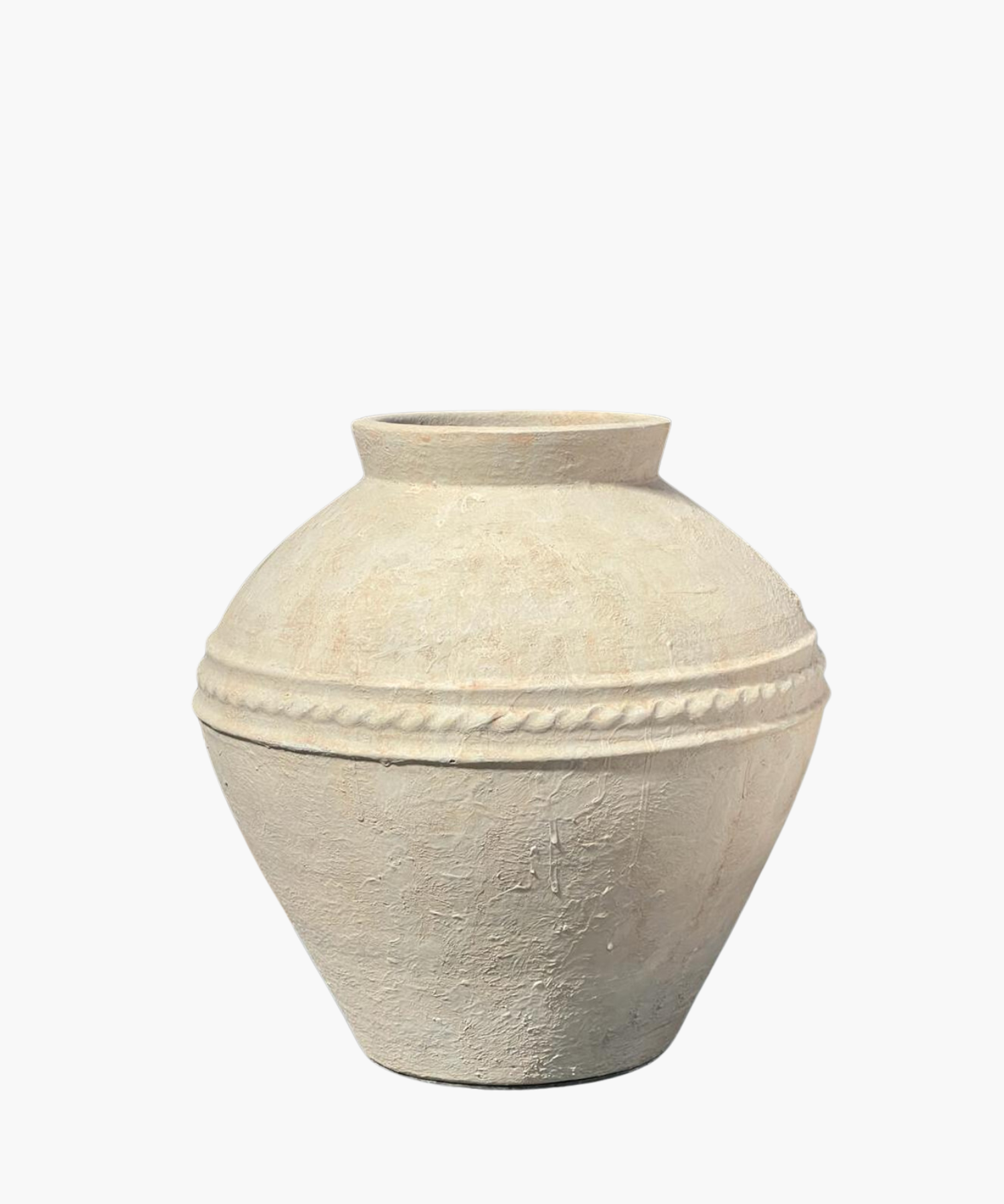 A textured, beige clay vase with a rounded body and a slightly narrow top. It features a horizontal braided pattern around the middle, conveying an earthy, rustic tone. | S.W. Home
