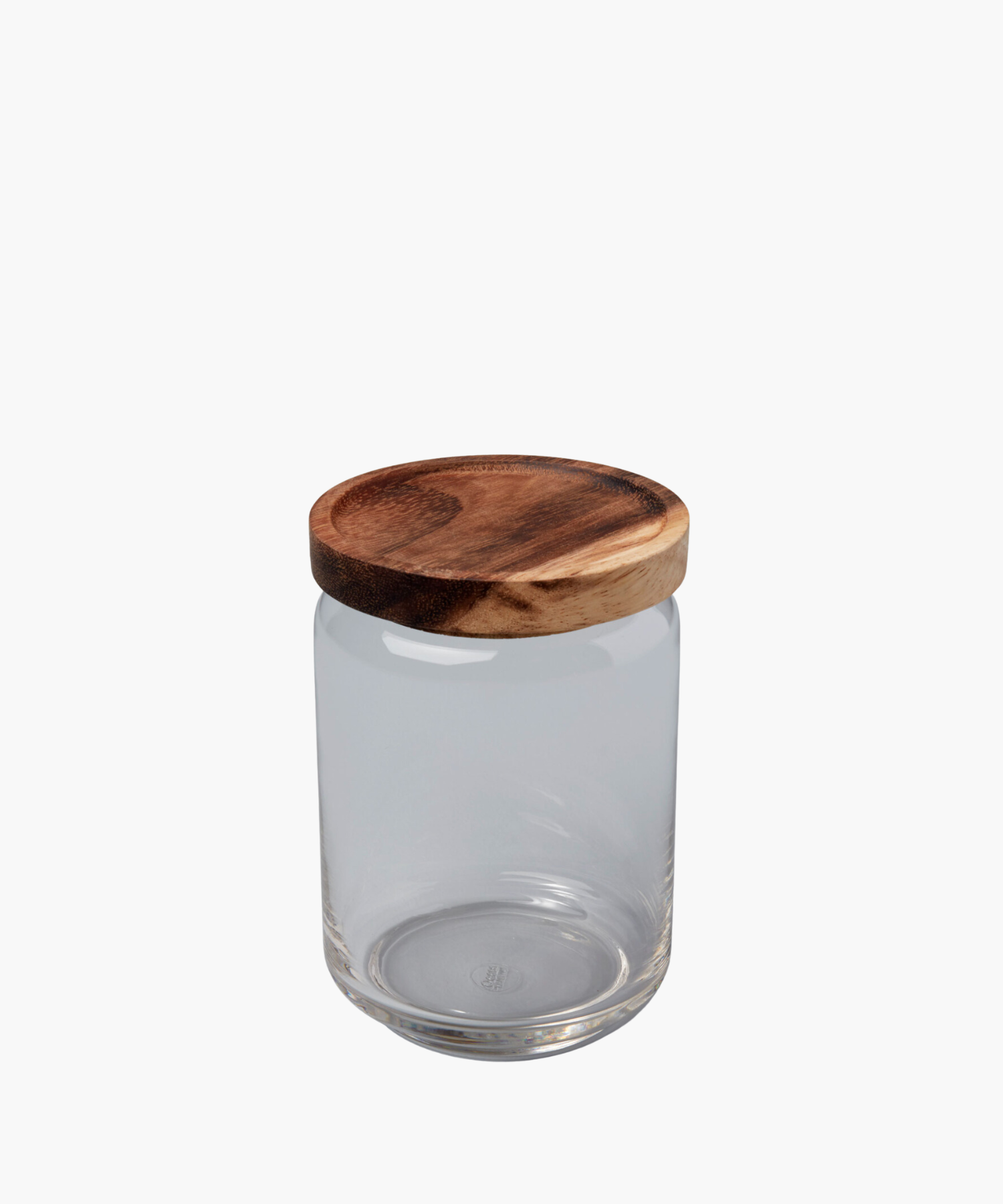 A clear glass jar with a round, smooth wooden lid sits against a white background. The simple, functional design conveys a minimalist aesthetic. | SW Home
