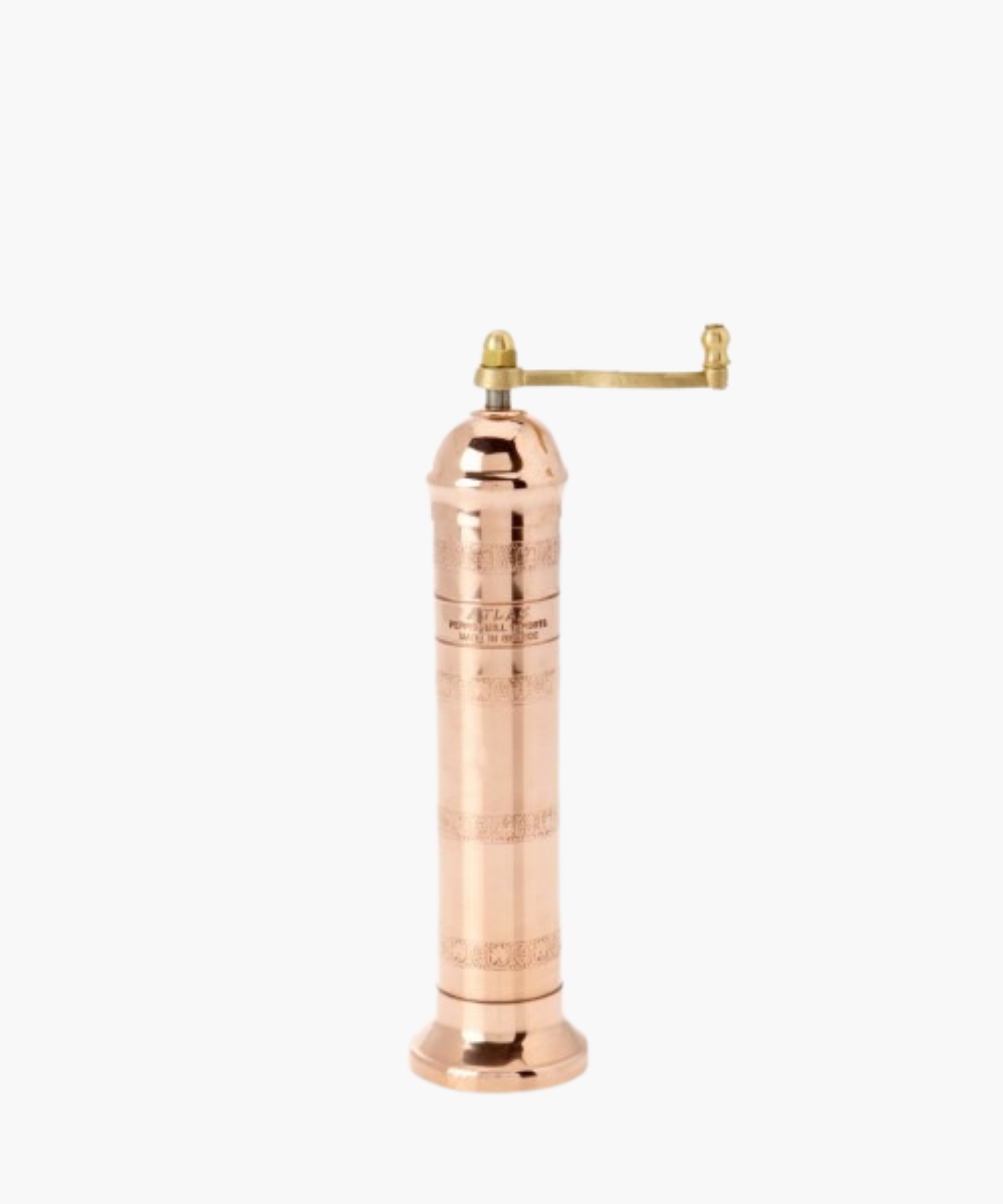 Copper manual pepper mill with a brass handle, featuring an ornate design. The elegant, vintage style evokes a sense of classic craftsmanship. | S.W. Home