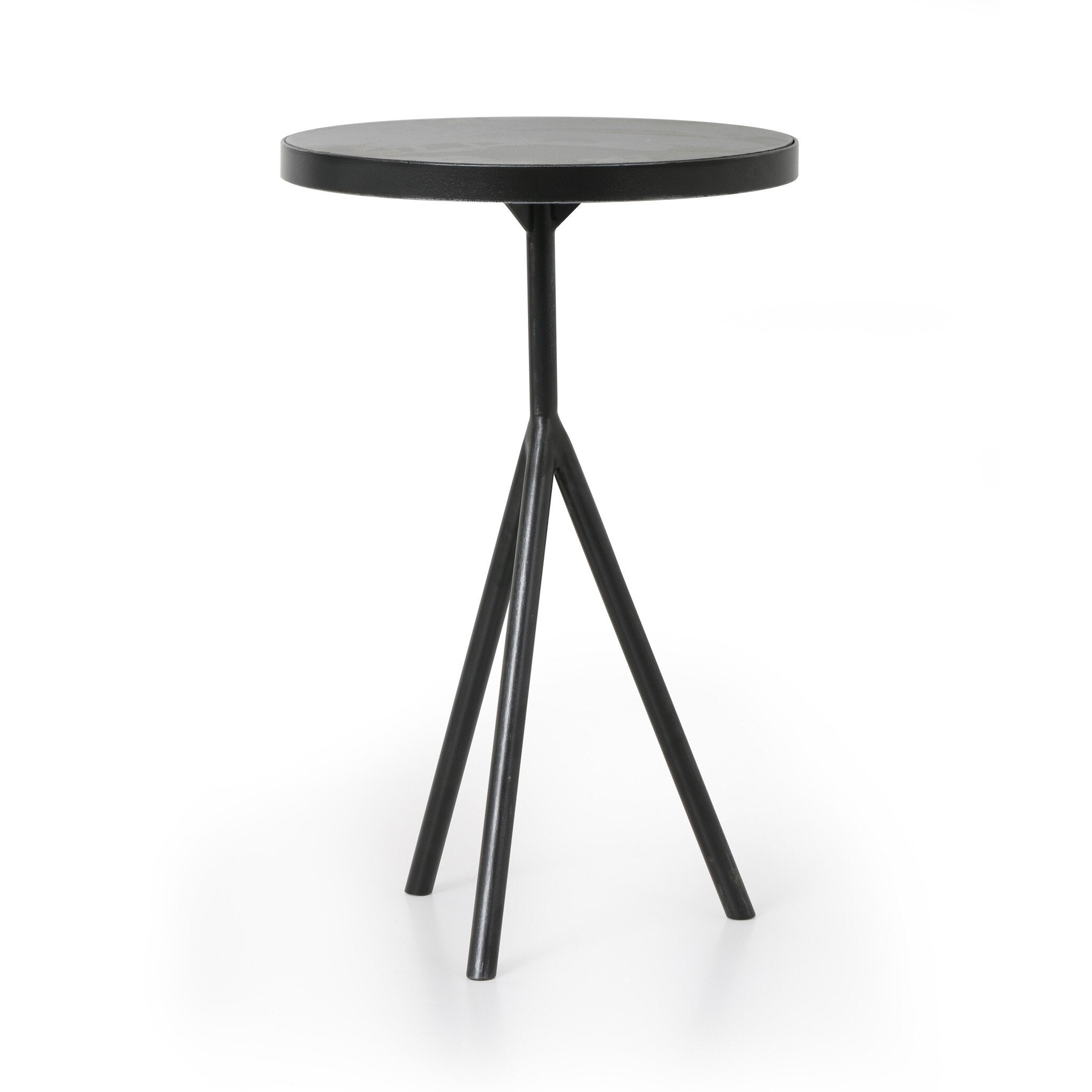 Black-finished iron round end table with tripod base and bluestone top on a white background. | S.W. Home