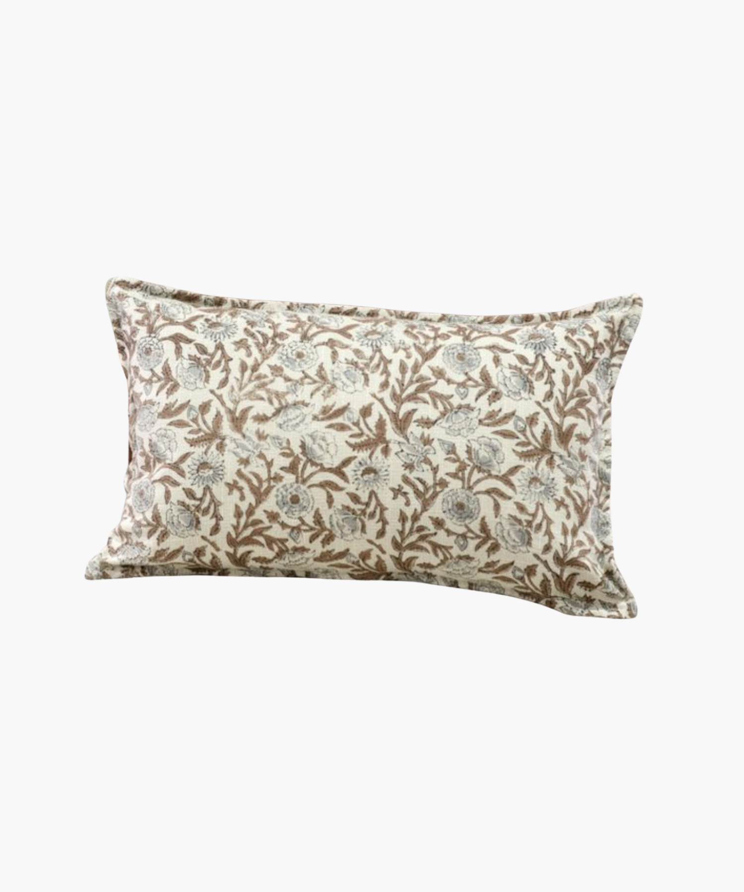 Rectangular pillow with a beige and brown floral pattern on a light background.| SW Home
