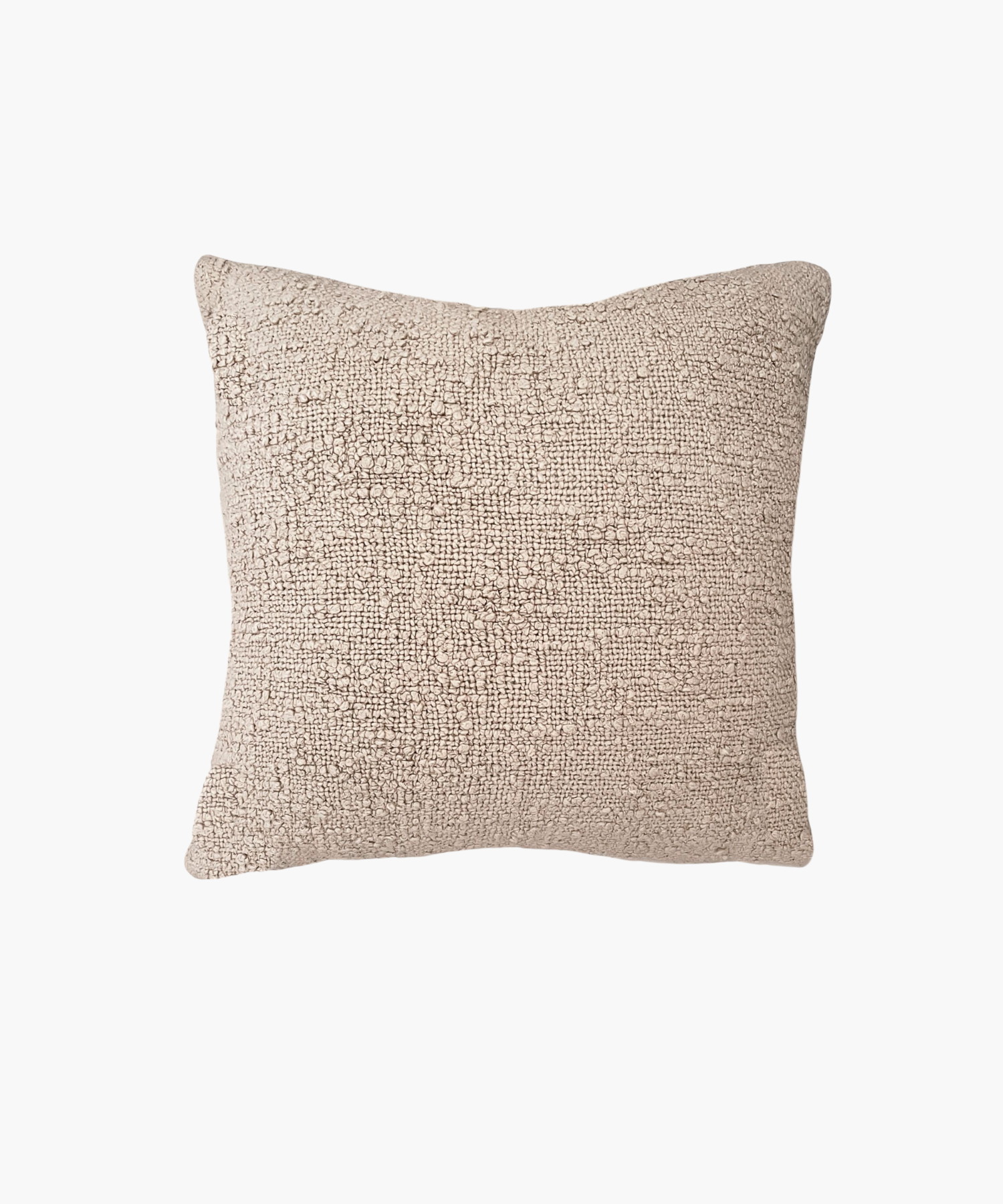 A square beige pillow with a textured, woven surface. The pillow appears soft and cozy, evoking a sense of warmth and comfort. | S.W. Home
