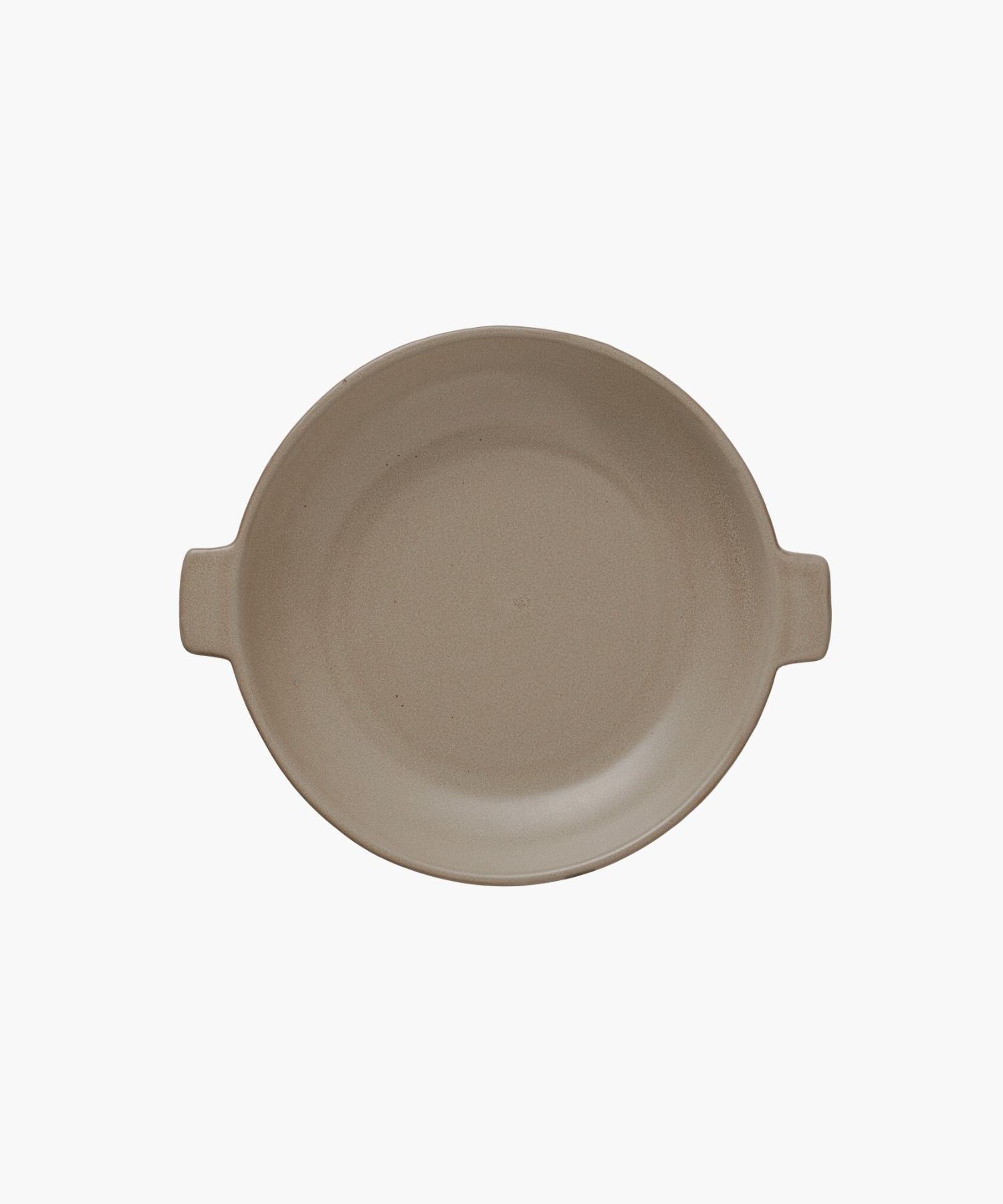 A round, beige ceramic plate with two small handles on opposite sides is centered against a plain white background, conveying simplicity and elegance. | S.W. Home