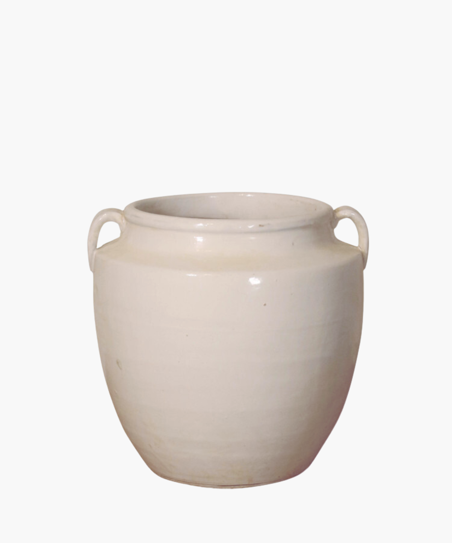 White ceramic pot with two small handles on each side. The smooth, glossy surface and wide opening give a simple, elegant appearance. | S.W. Home
