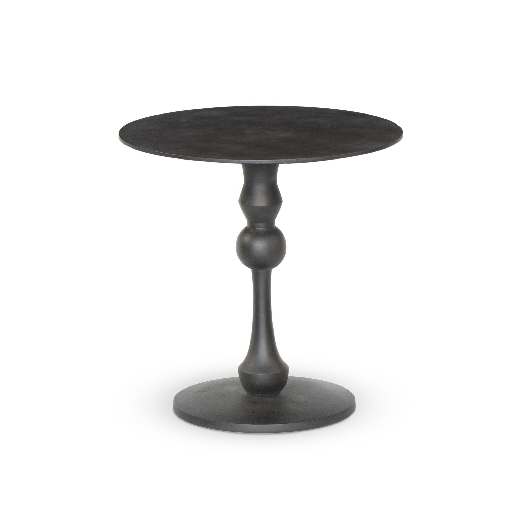 Antique black finished round end table with a geometric pedestal base on a white background. | S.W. Home