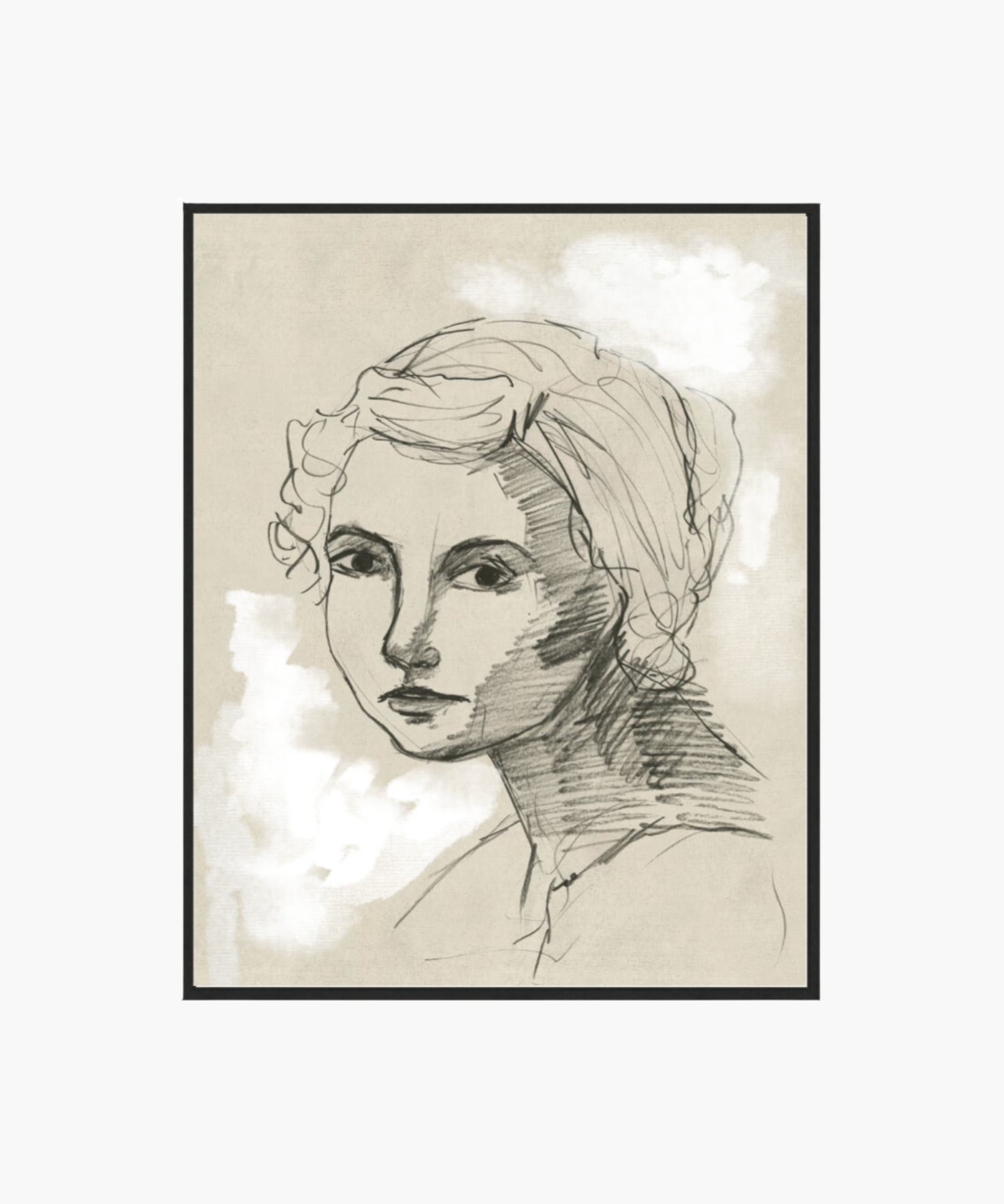 Charcoal sketch of a woman's face with curly hair, set against a textured beige background. | S.W. Home