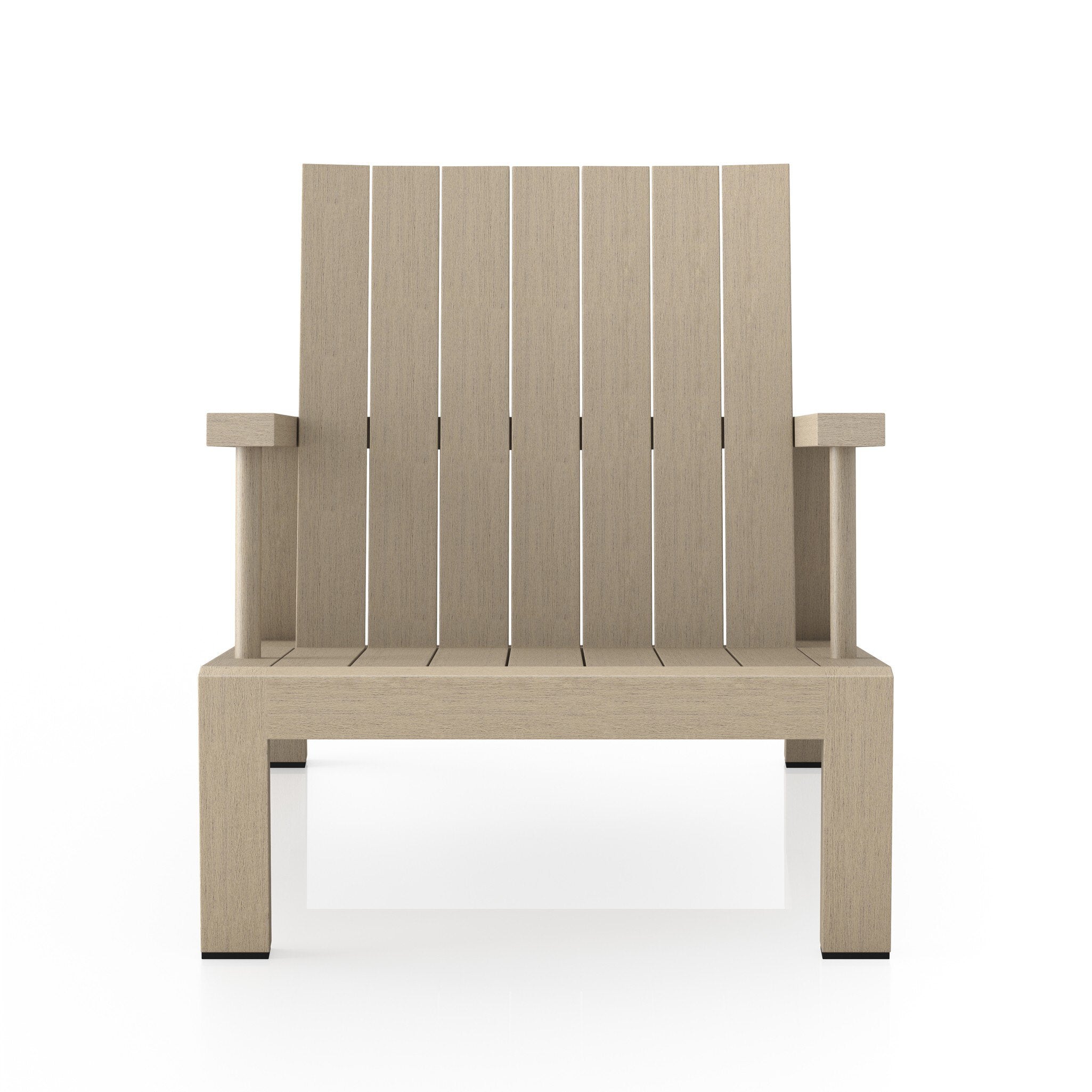 An Adirondack inspired outdoor chair made of teak with a wide angled frame with linear lines. | S.W. Home