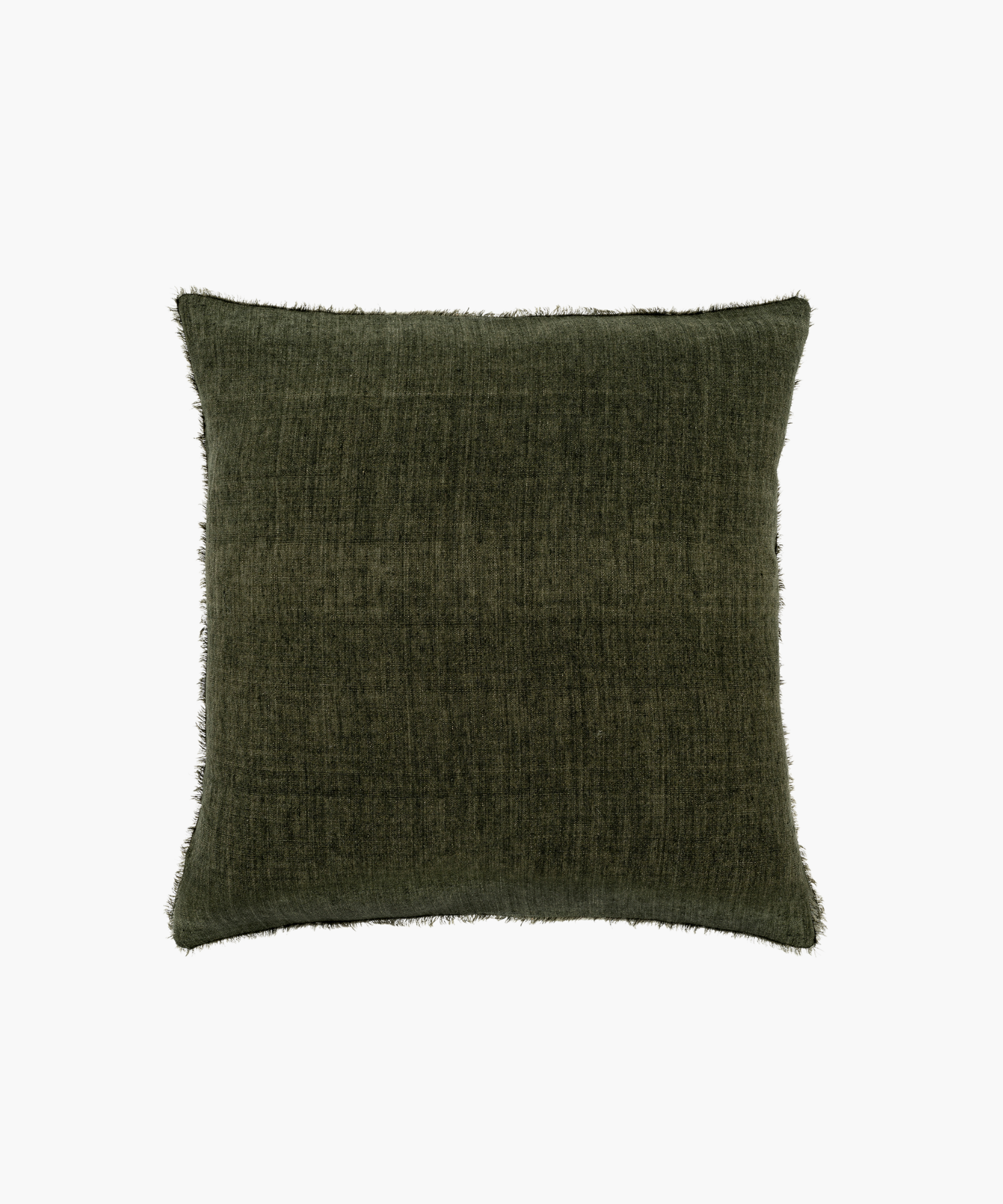 A dark olive green pillow with a textured fabric and subtle fringe along the edges, creating a cozy and elegant feel. It exudes a sense of warmth. | Wildwood Home Co.
