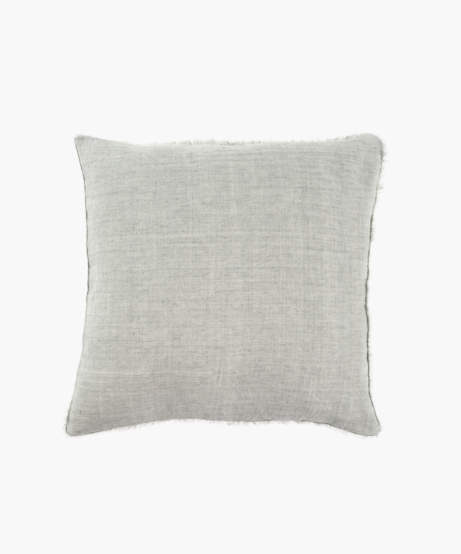 A light gray, square linen pillow with a soft, textured fabric and subtle frayed edges on a white background, conveying a minimalist and cozy feel. | Wildwood Home Co.
