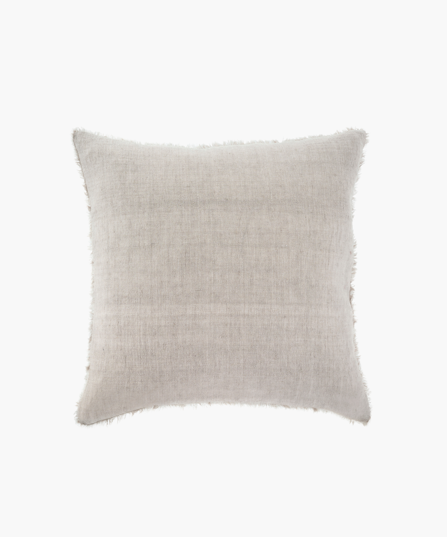 A beige linen throw pillow with a soft, textured surface and frayed edges, conveying a cozy and rustic feel, set against a white background. | S.W. Home
