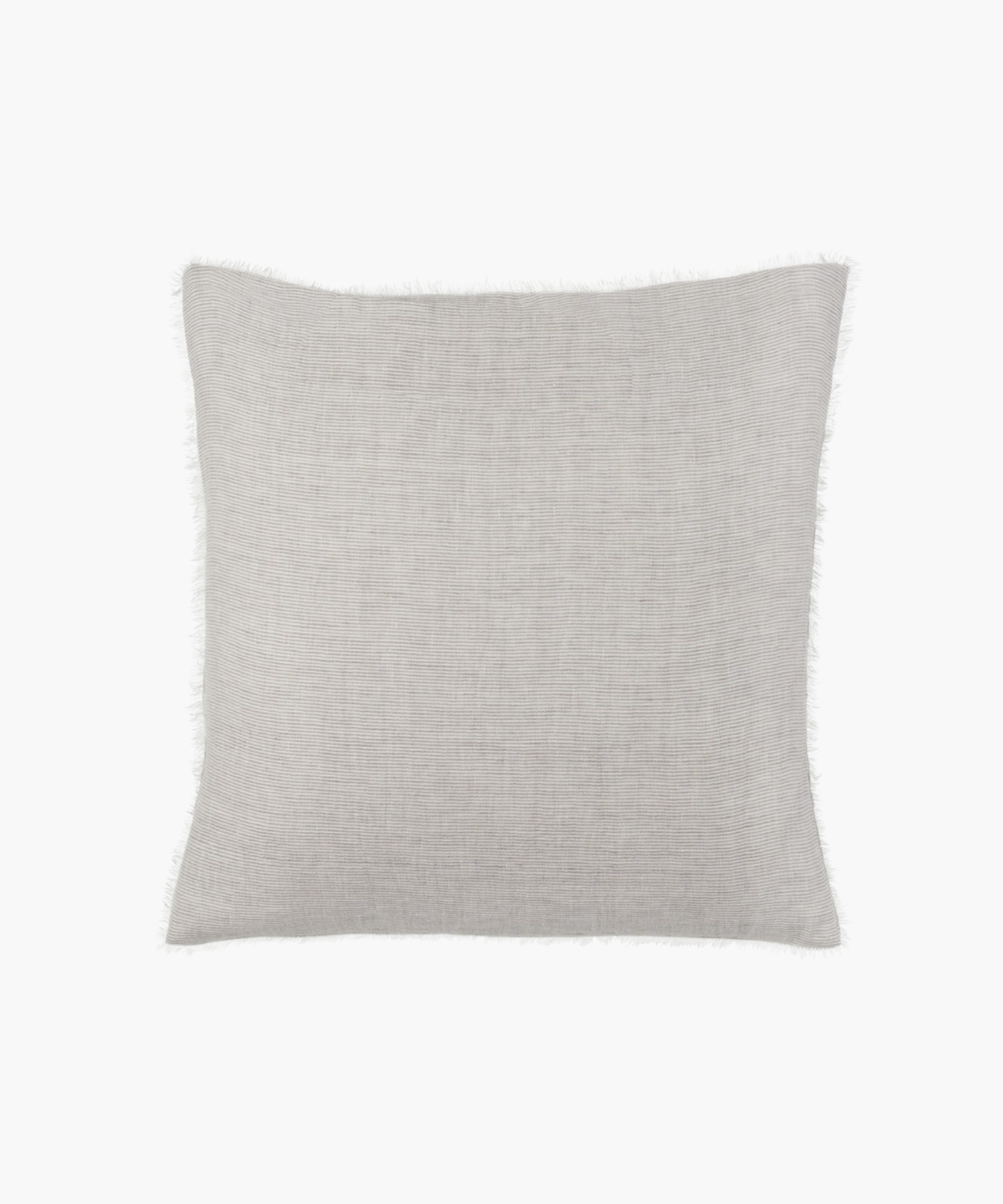 A square, light grey pillow with subtle horizontal stripes and fringed edges, conveying a minimalist and cozy aesthetic. | Wildwood Home Co.
