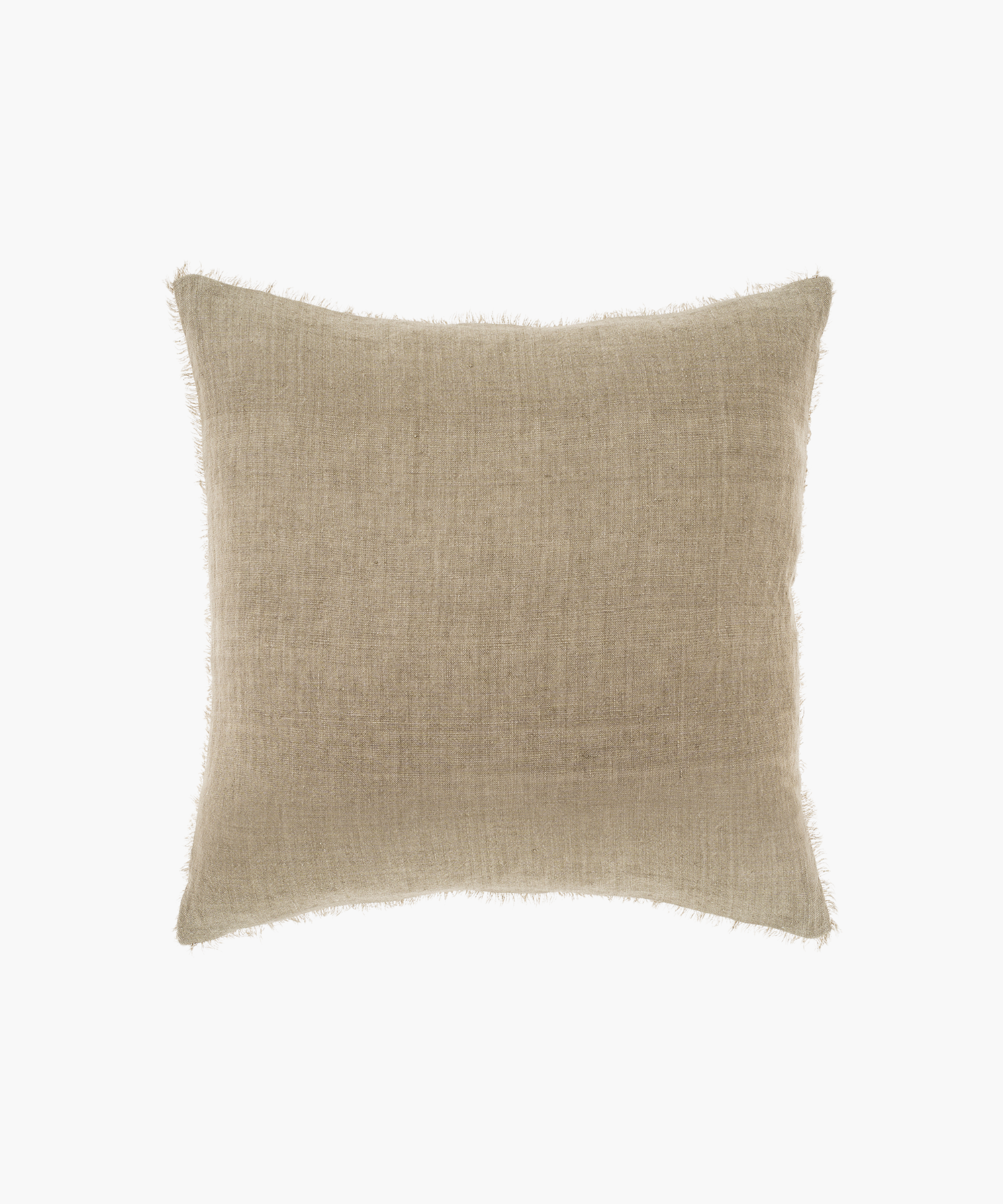 A square, beige pillow with a subtle textured fabric and frayed edges. The pillow has a minimalist, cozy appearance, suitable for neutral decor. | S.W. Home
