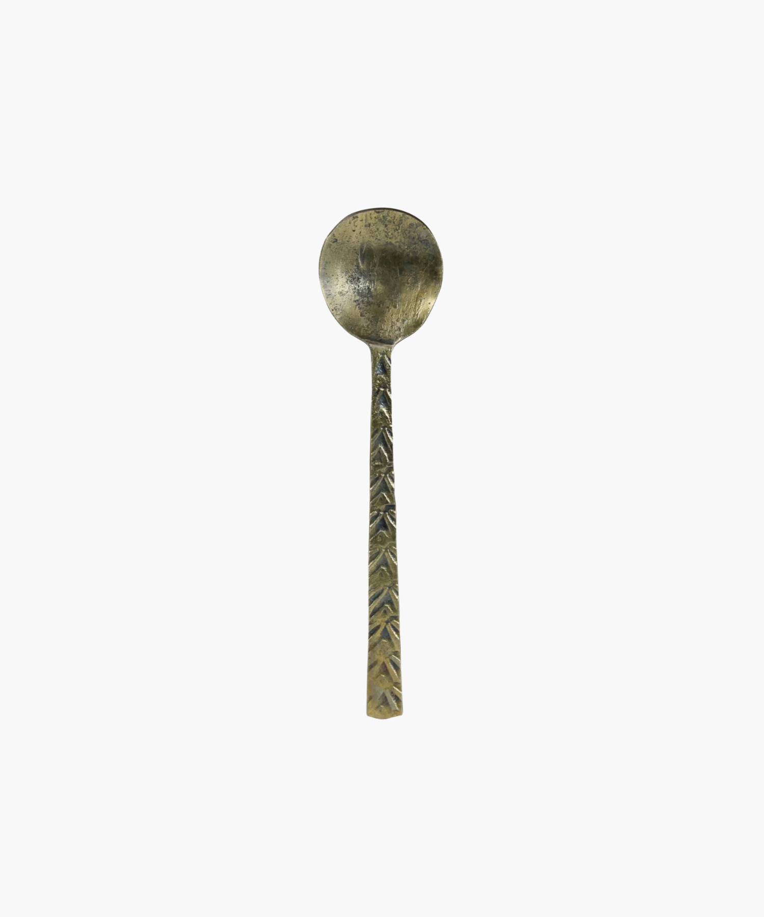 Antique inspired metal spoon with a textured handle featuring a leaf pattern. The spoon has a tarnished, rustic appearance, evoking a sense of history and nostalgia. | S.W. Home