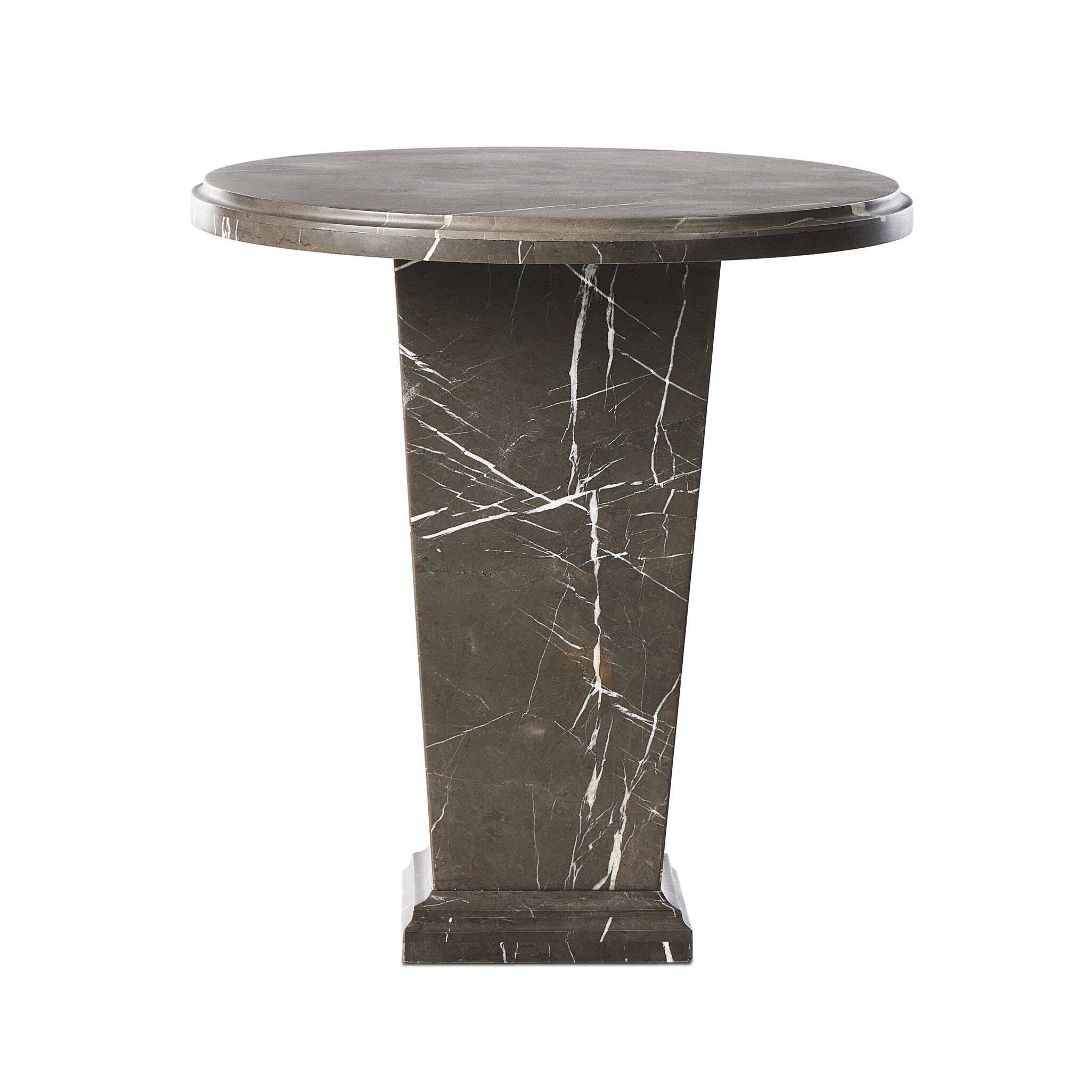 Roman column inspired end table with tapered base and round top made in grey Italian marble. | S.W. Home