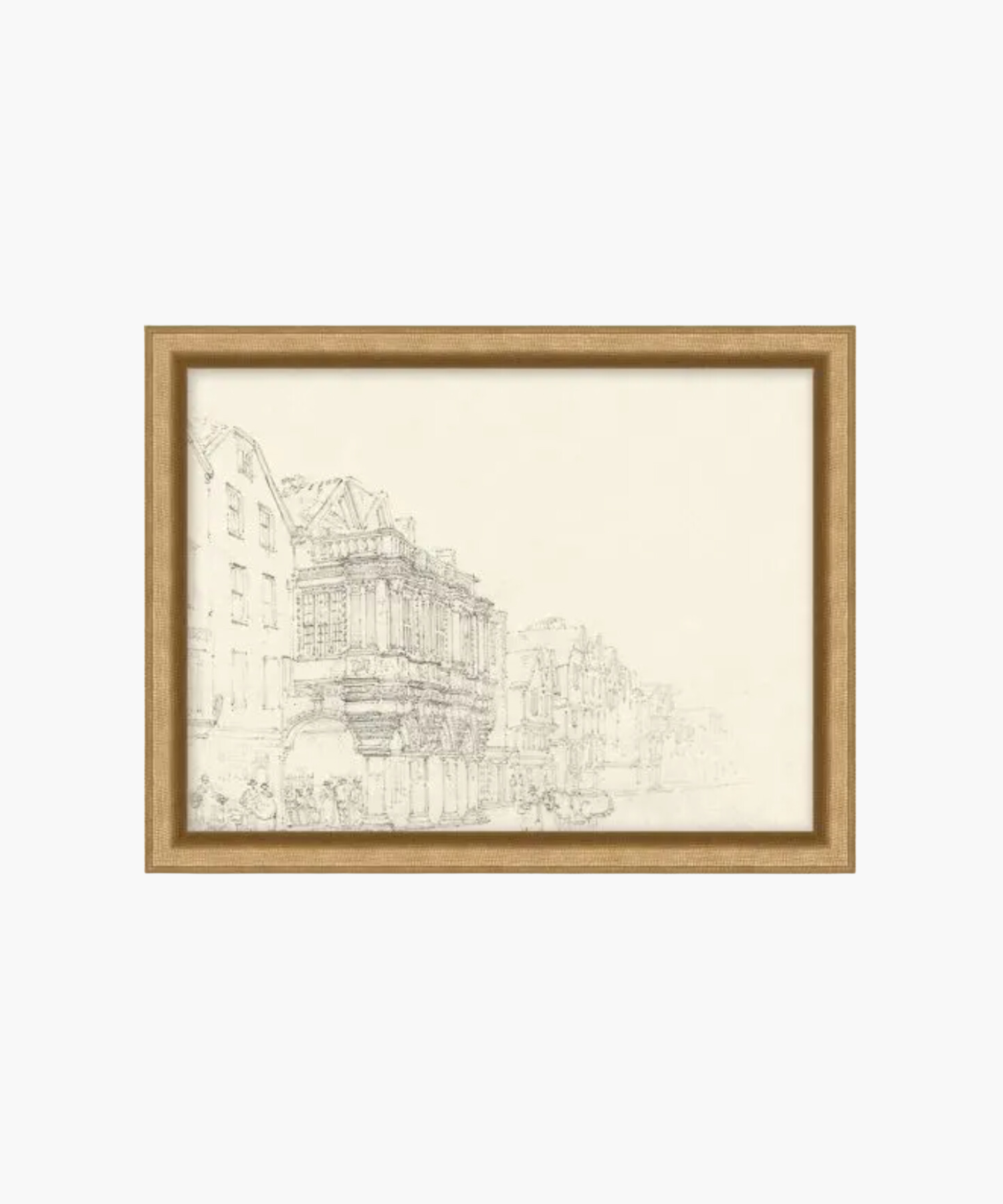 Framed sketch depicts a quaint street view with detailed buildings. Architectural details suggest a historical setting, evoking a sense of nostalgia. | S.W. Home