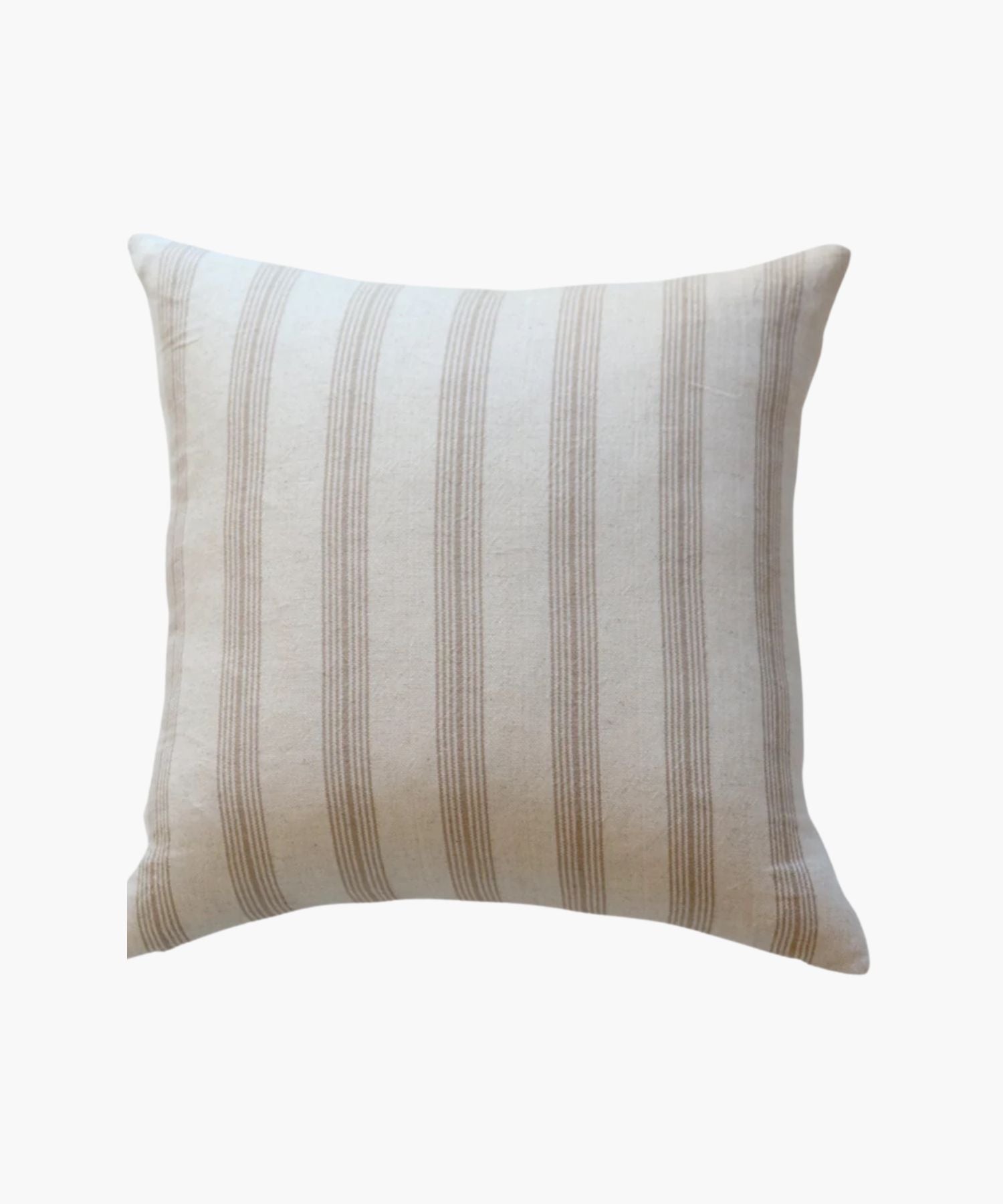 A square pillow cover with vertical tan woven stripes on a cream cotton fabric background. The design conveys a neutral and calming tone, suitable for various decor styles. | SW Home