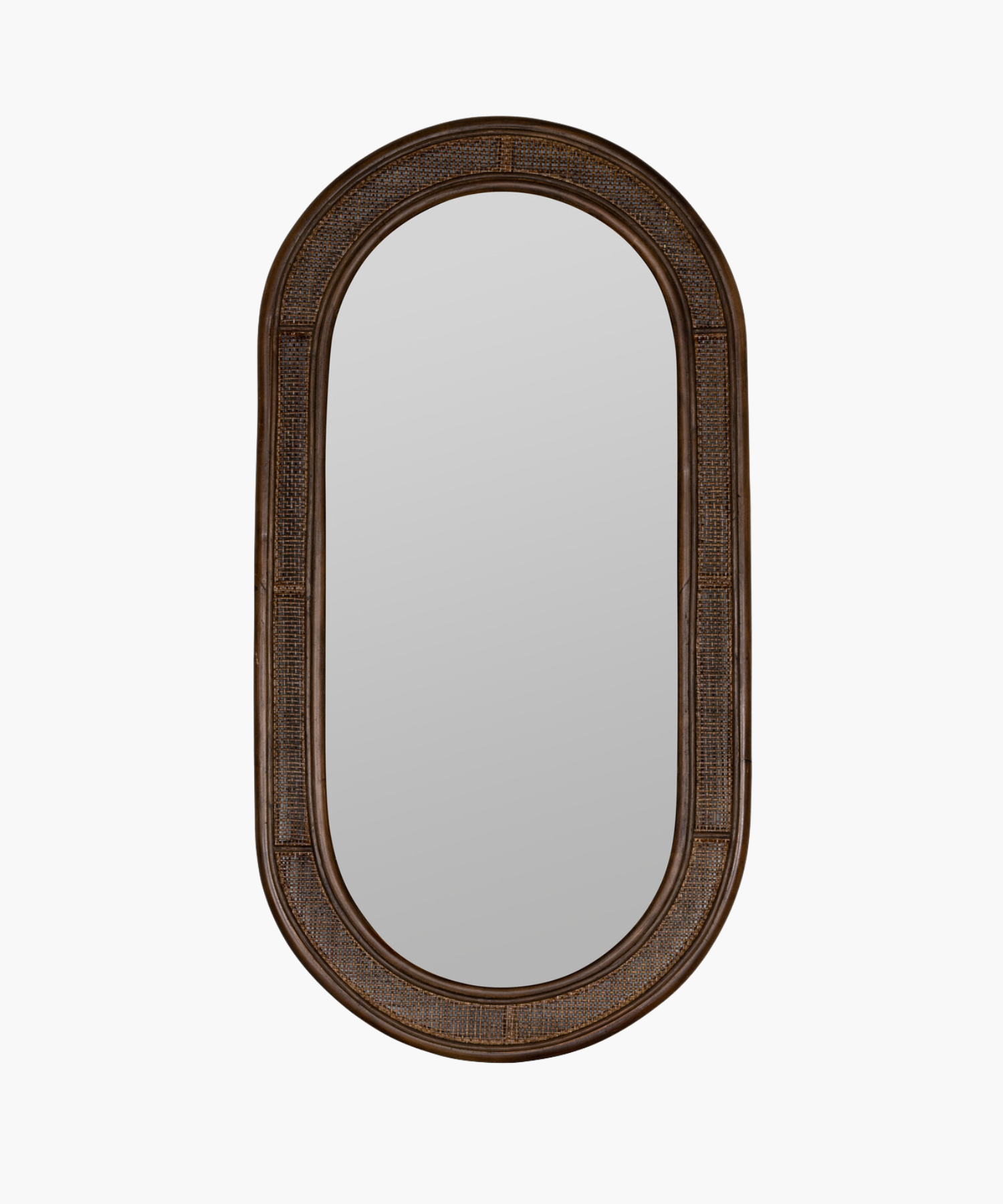 A round rattan accent mirror in a deep walnut color with a visible curved frame, designed for wall decoration. | Wildwood Home Co.
