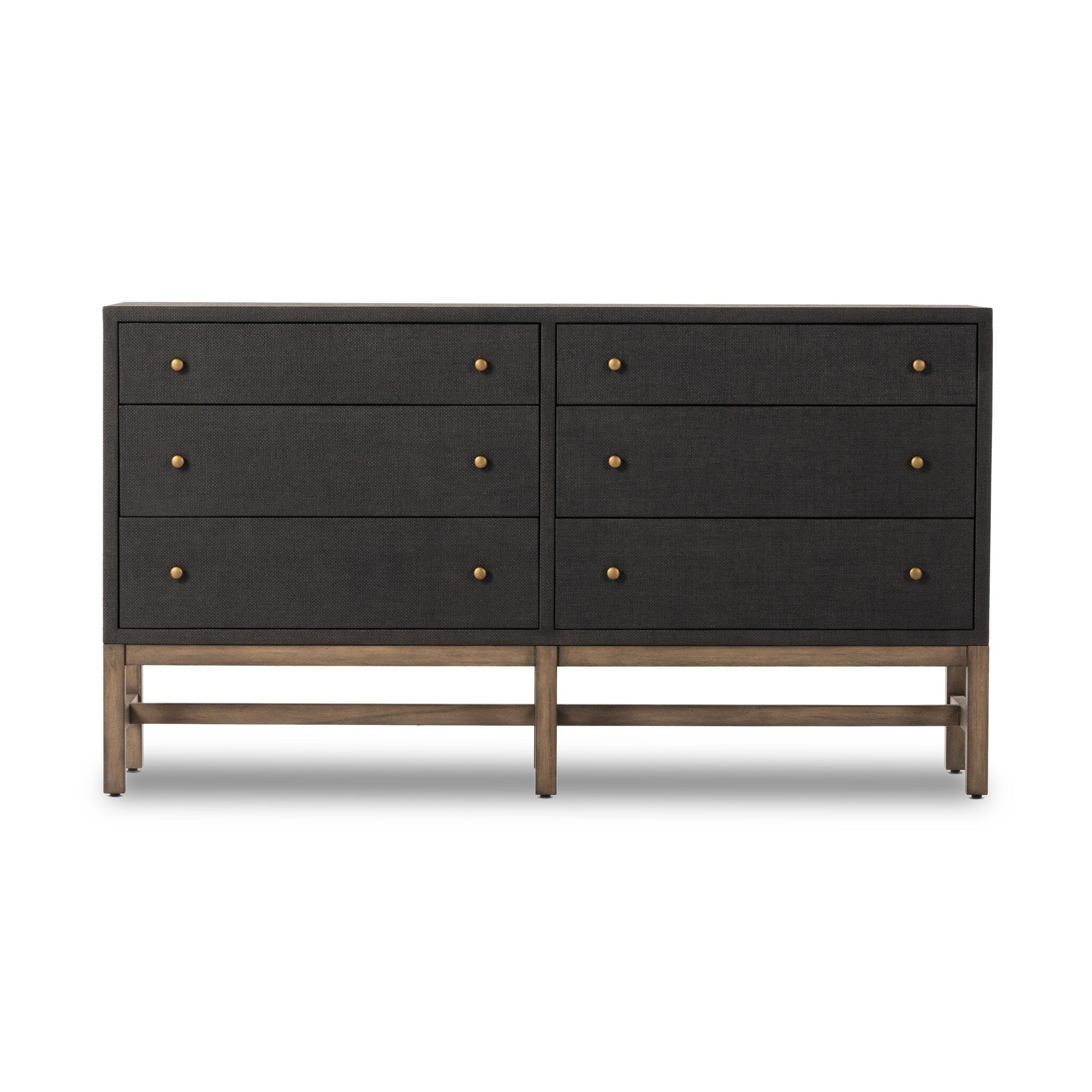 Black dresser with brass knobs and wooden legs on a white background. | S.W. Home