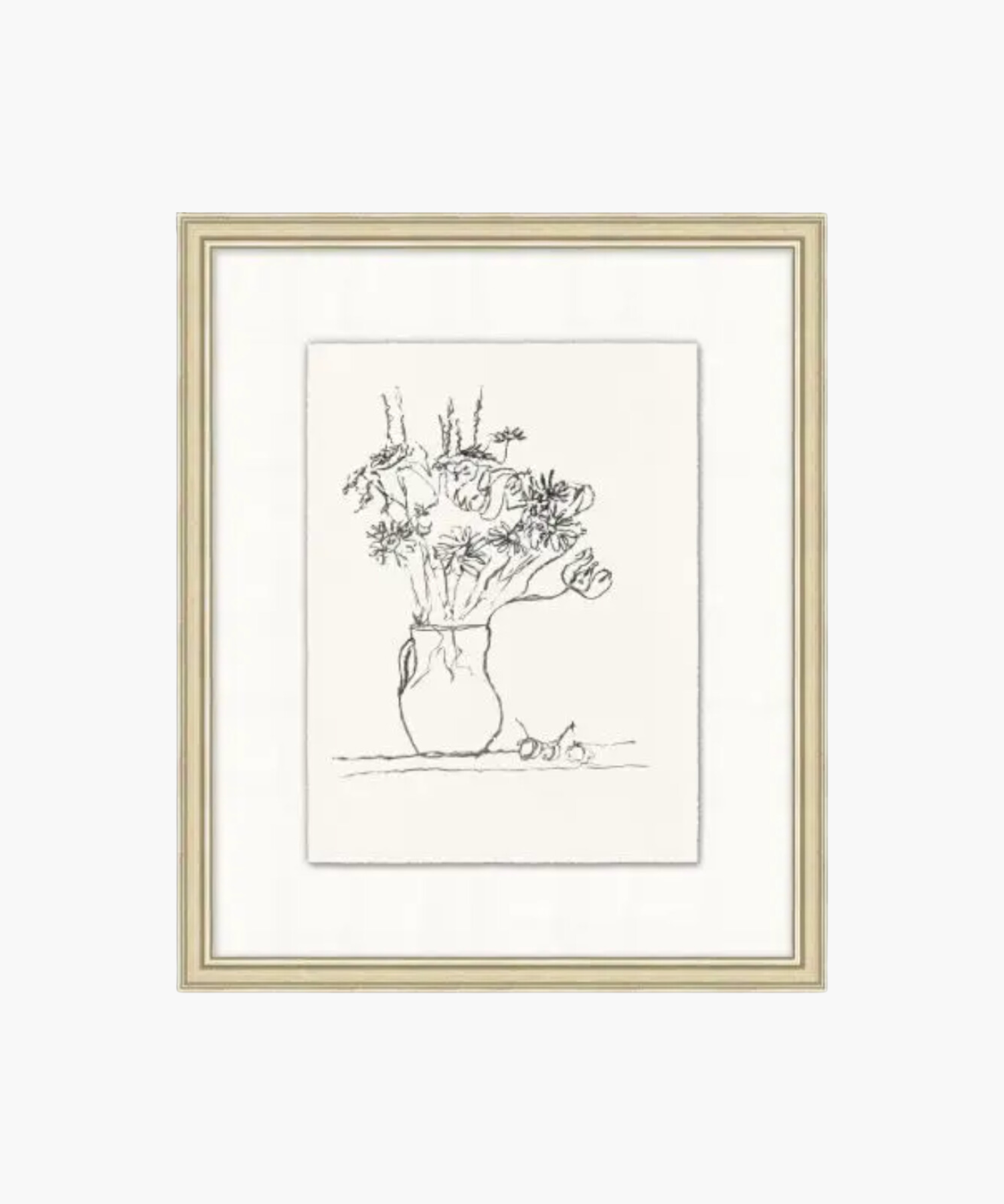 Simple black line drawing of flowers in a vase, framed in cream and gold. The sketch has a minimalist style, conveying a calm, elegant tone. | S.W. Home
