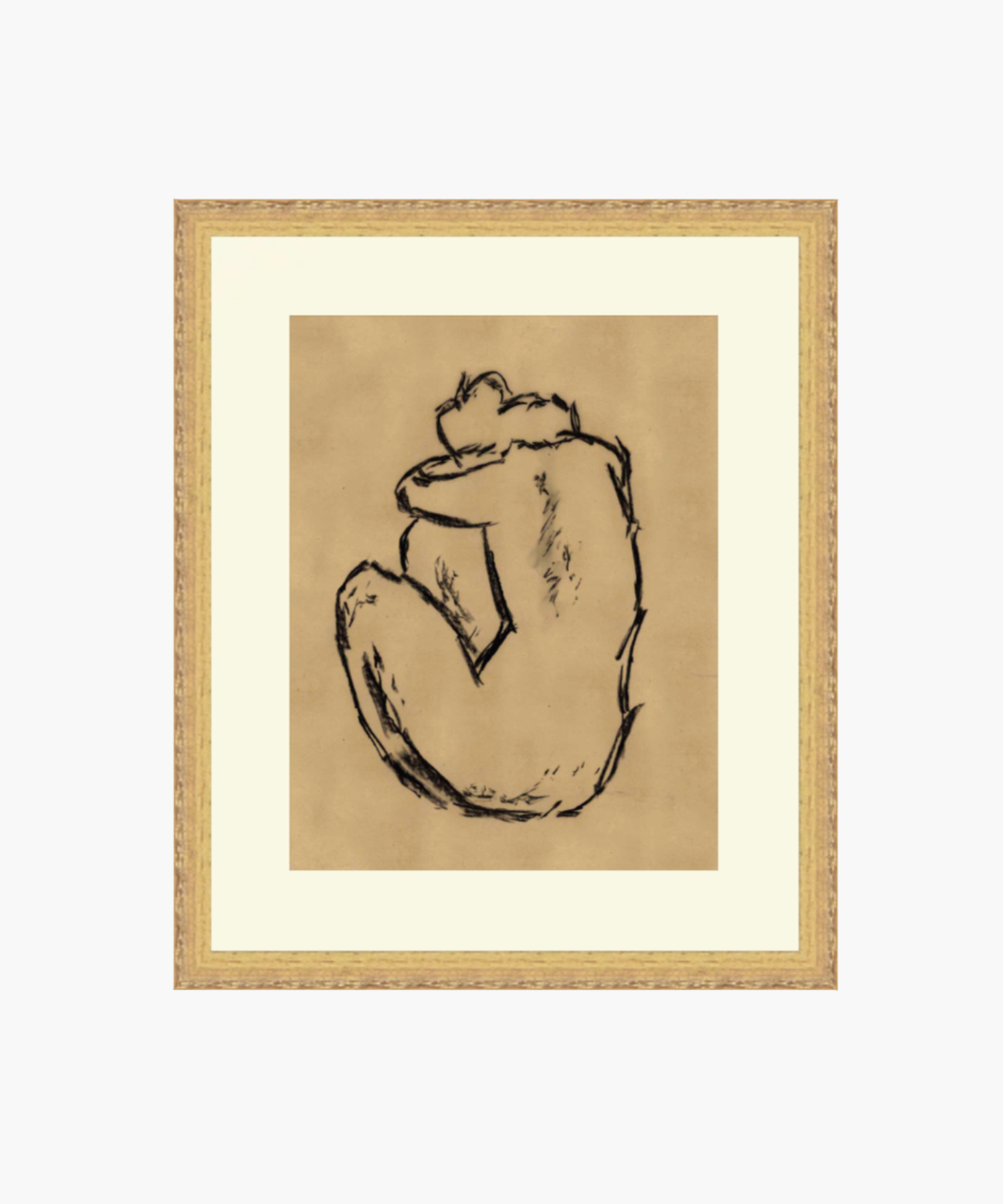 Charcoal sketch of a curled human figure on beige paper, framed in wood. The artwork conveys solitude and introspection with minimalistic lines. | S.W. Home