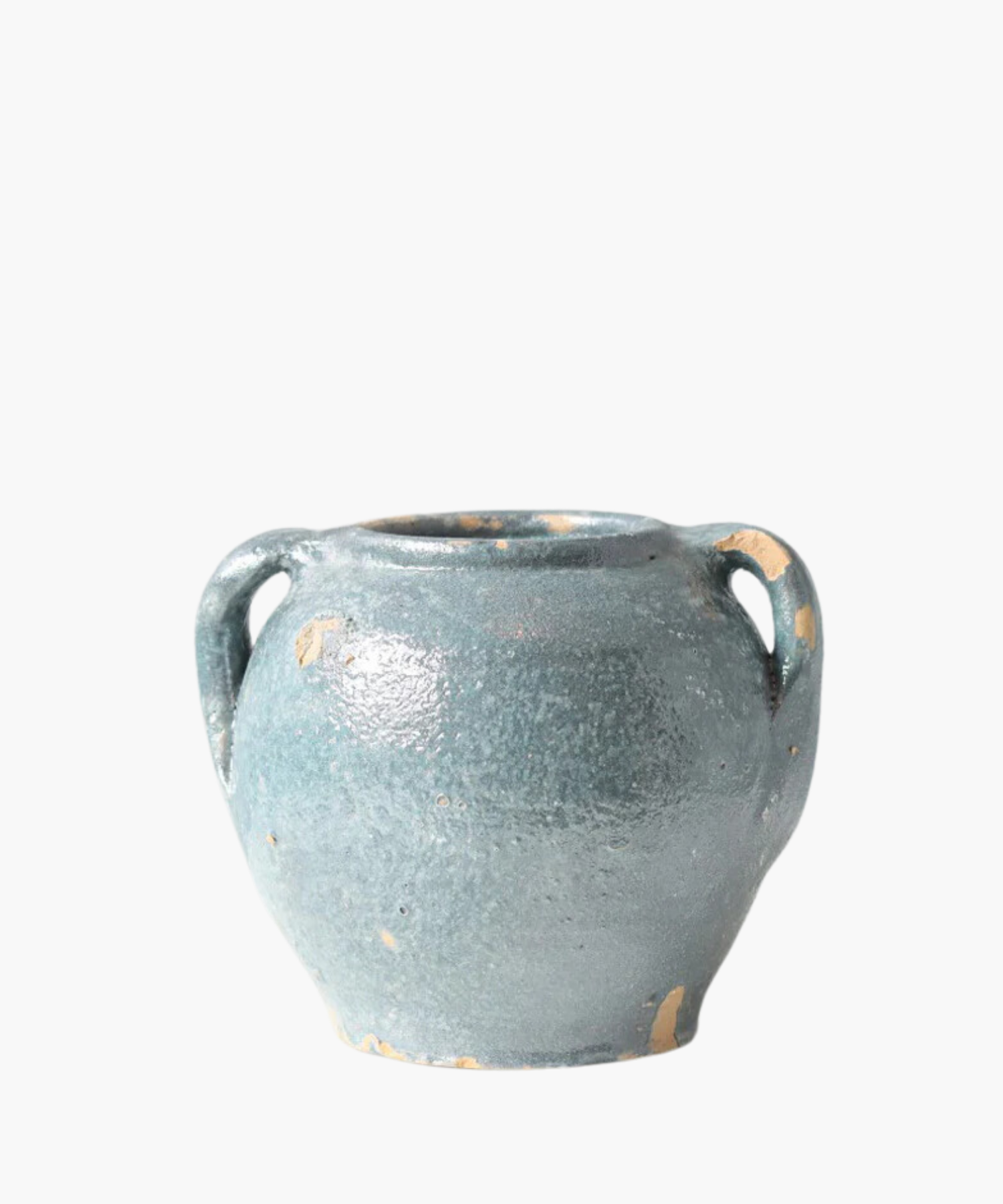 A rustic, aged green ceramic vase with a textured surface. It has a wide body, narrow rim, and two small handles, conveying an antique, handcrafted feel. | Wildwood Home Co.