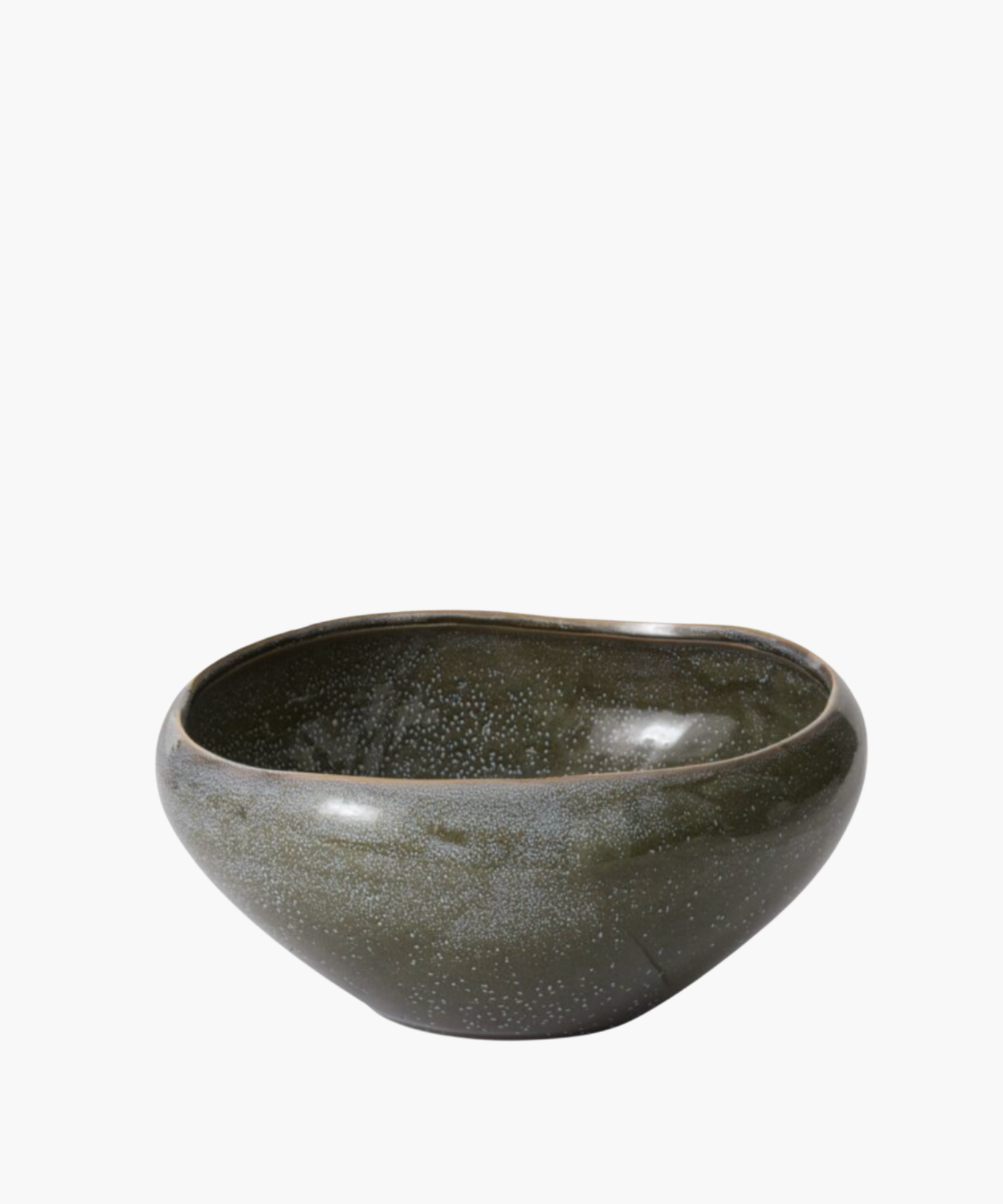 A dark green ceramic bowl with a glossy finish, featuring a subtle speckled pattern. The bowl's asymmetrical shape adds an artistic touch. | S.W. Home 