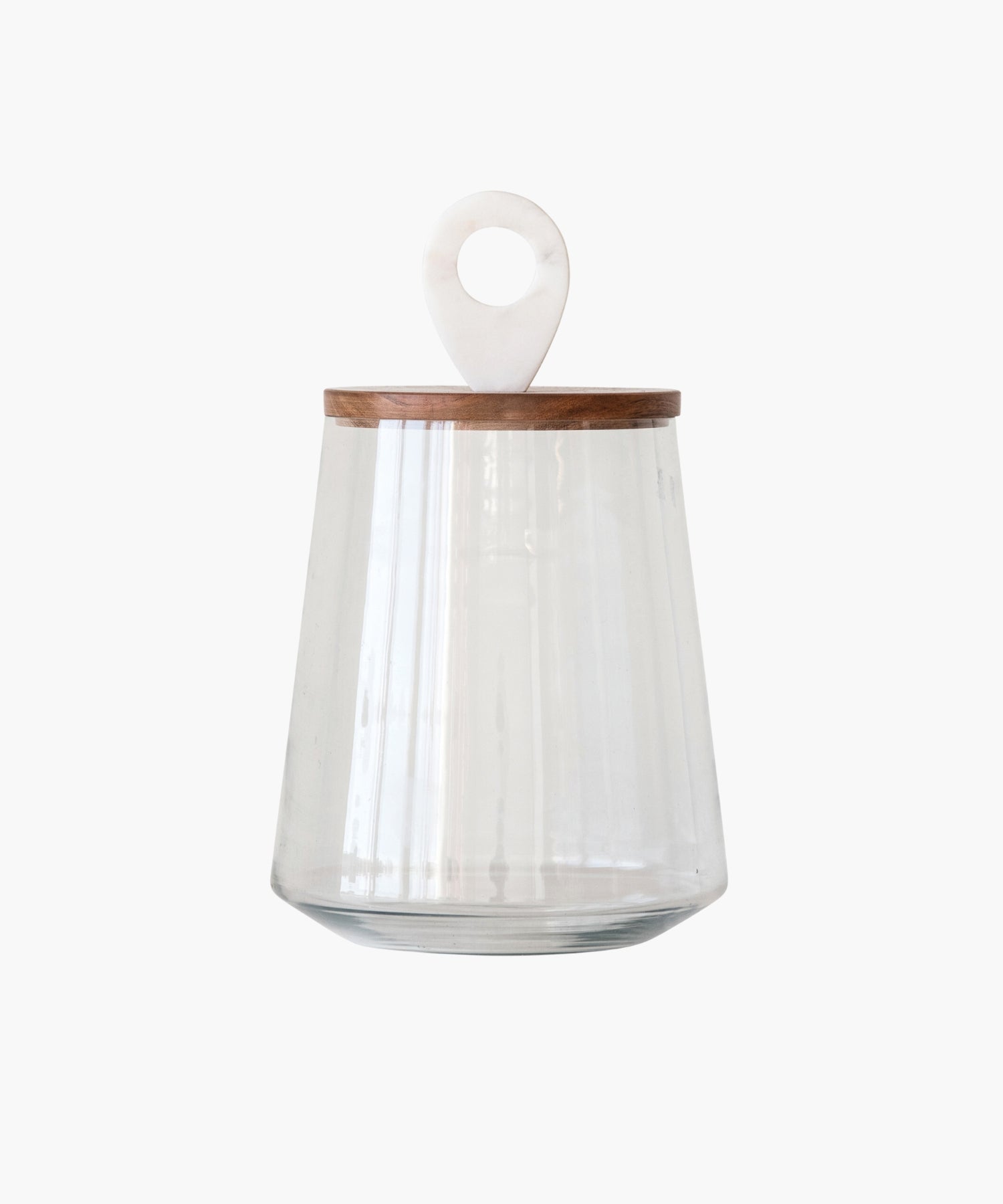 Clear glass container with a wood lid featuring a white marble circular handle on top. The design is minimalist and elegant.
