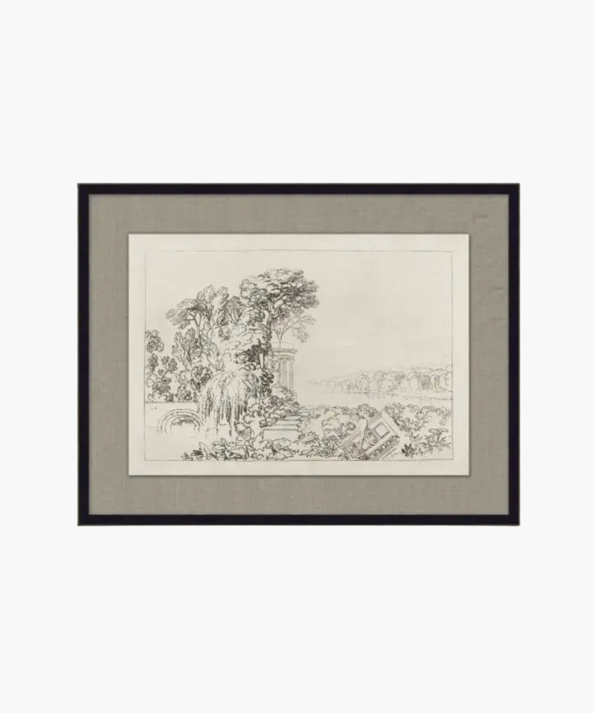 Framed black and white sketch depicting a serene landscape with lush trees, classical ruins, and soft rolling hills. Evokes a calm, timeless atmosphere. | S.W. Home