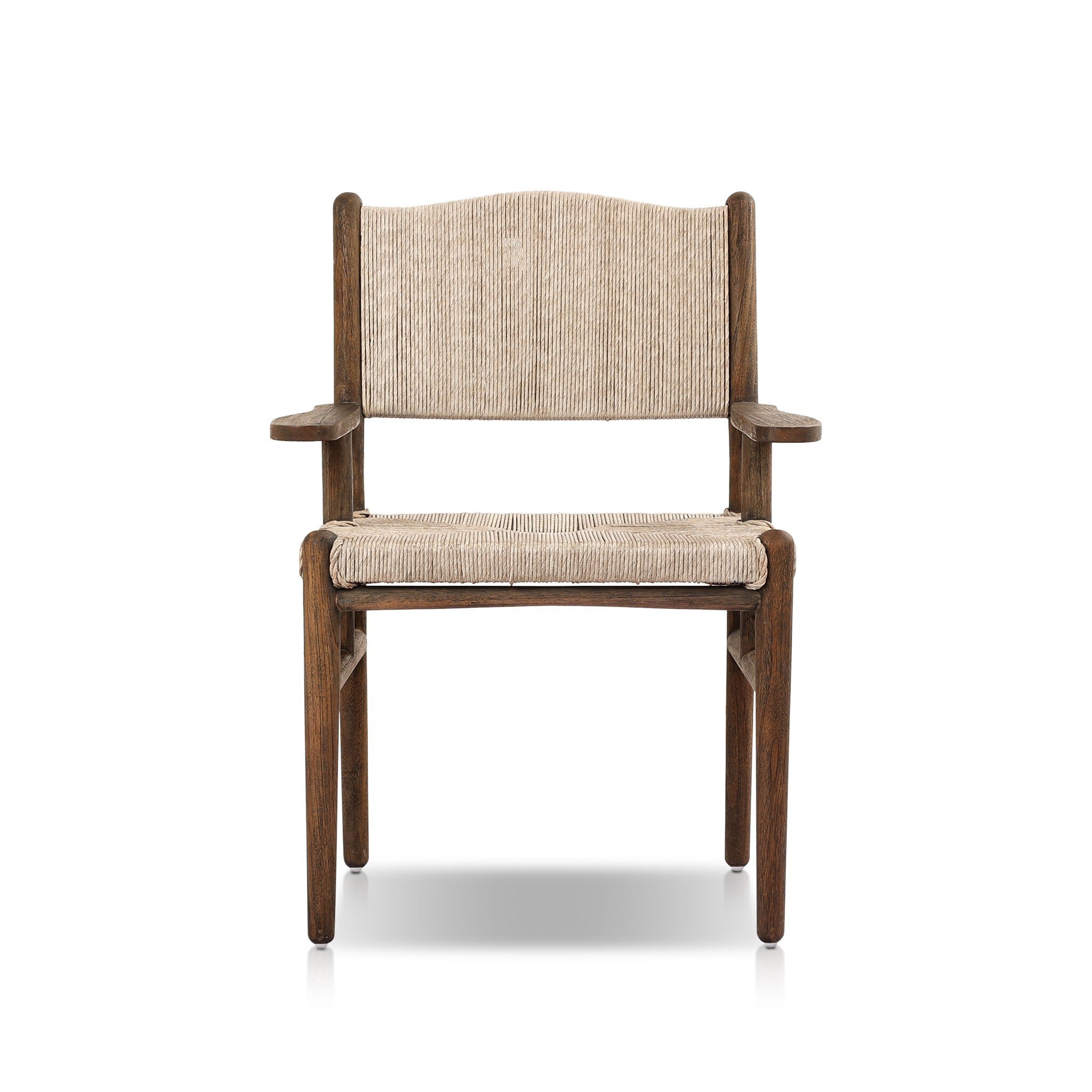 Shaker style outdoor dining armchair with a dark brown wood frame and light brown woven seat and back on a white background. | S.W. Home