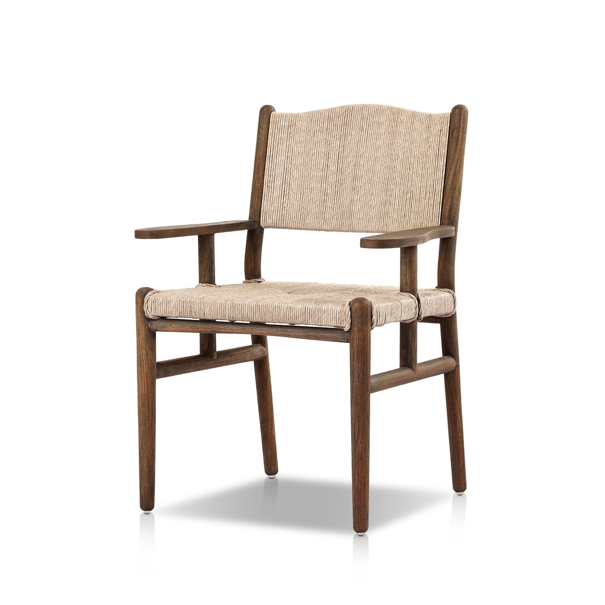 Shaker style outdoor dining armchair with a dark brown wood frame and light brown woven seat and back on a white background. 