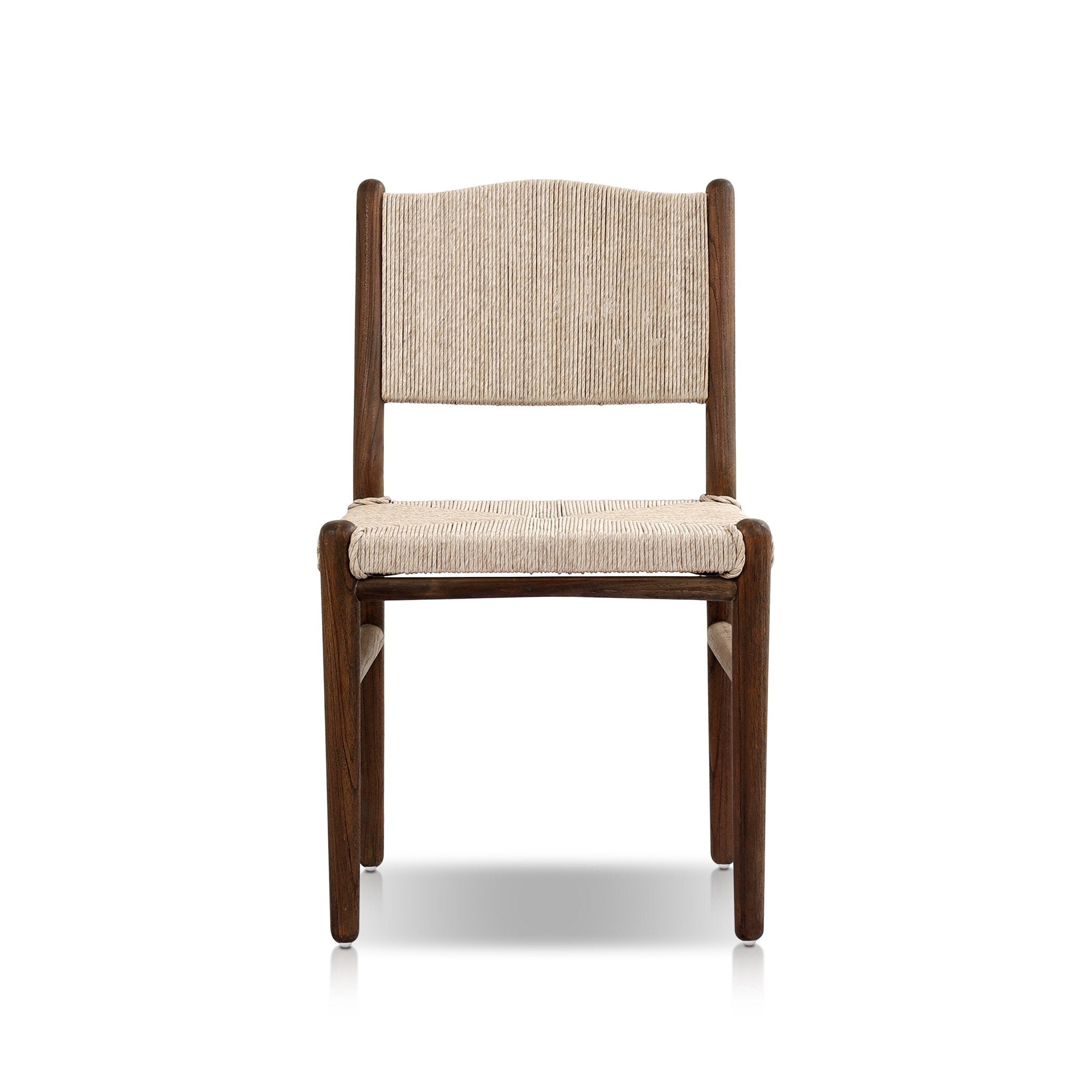 Shaker style outdoor dining chair with a dark brown wood frame and light brown woven seat and back on a white background. | S.W. Home