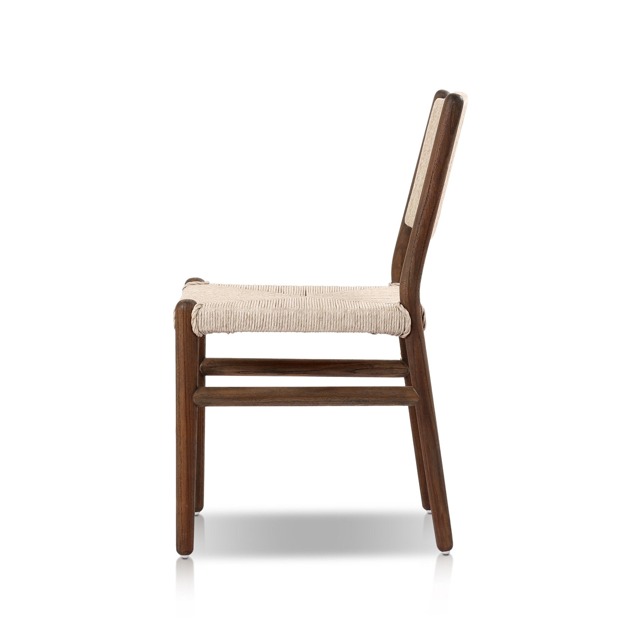 Side profile of a shaker style outdoor dining chair with a dark brown wood frame and light brown woven seat and back on a white background. 