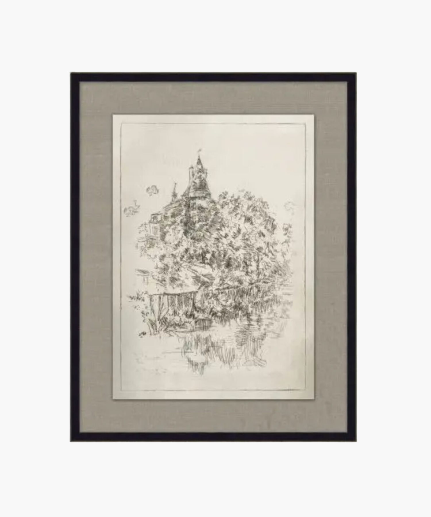 Framed black and white sketch of a tower nestled in dense trees, reflected in calm water. The art conveys serenity and antiquity. | S.W. Home 