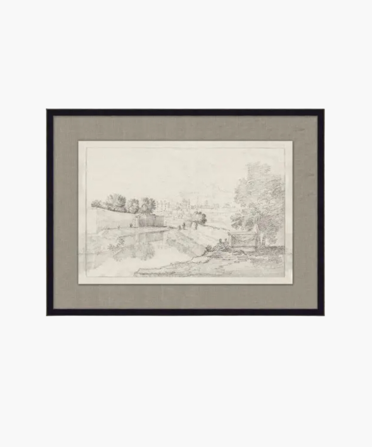 Framed pencil sketch of a rural landscape with trees, a river, and distant figures. The serene scene conveys a sense of calm and simplicity. | S.W. Home