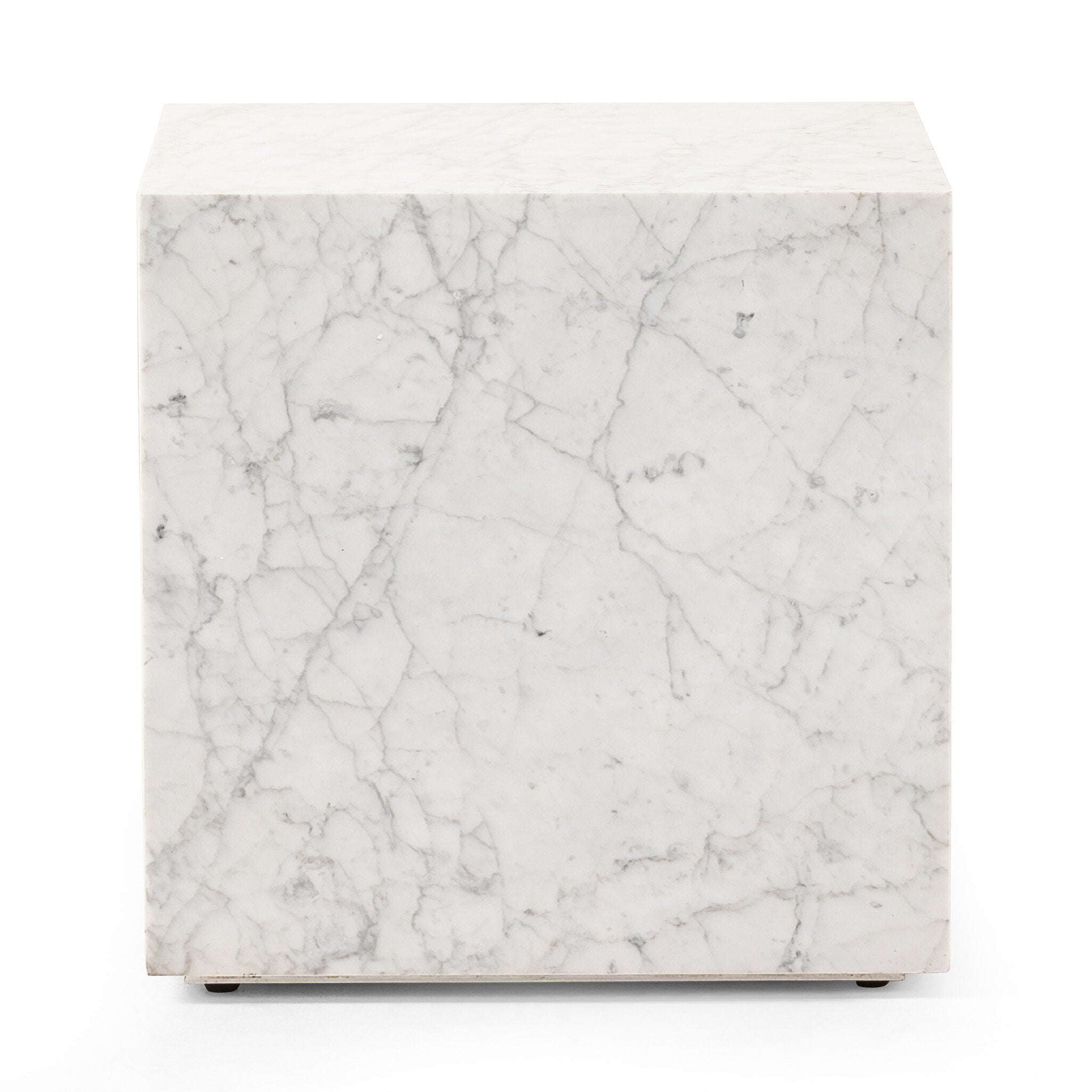 Carrara marble square end table on a white background. | S.W. Home