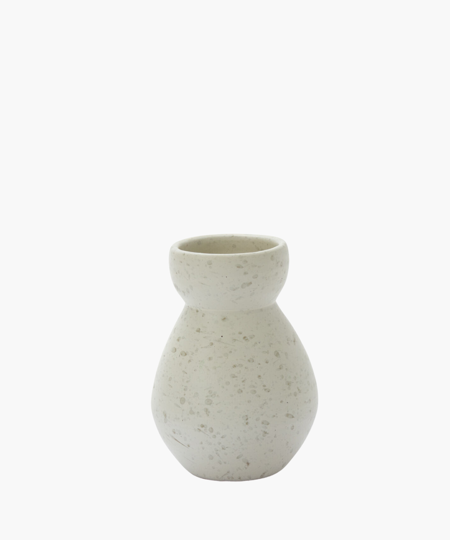 A round, textured beige vase with a speckled pattern on a white background. The simple design conveys an earthy and minimalist aesthetic. | S.W. Home
